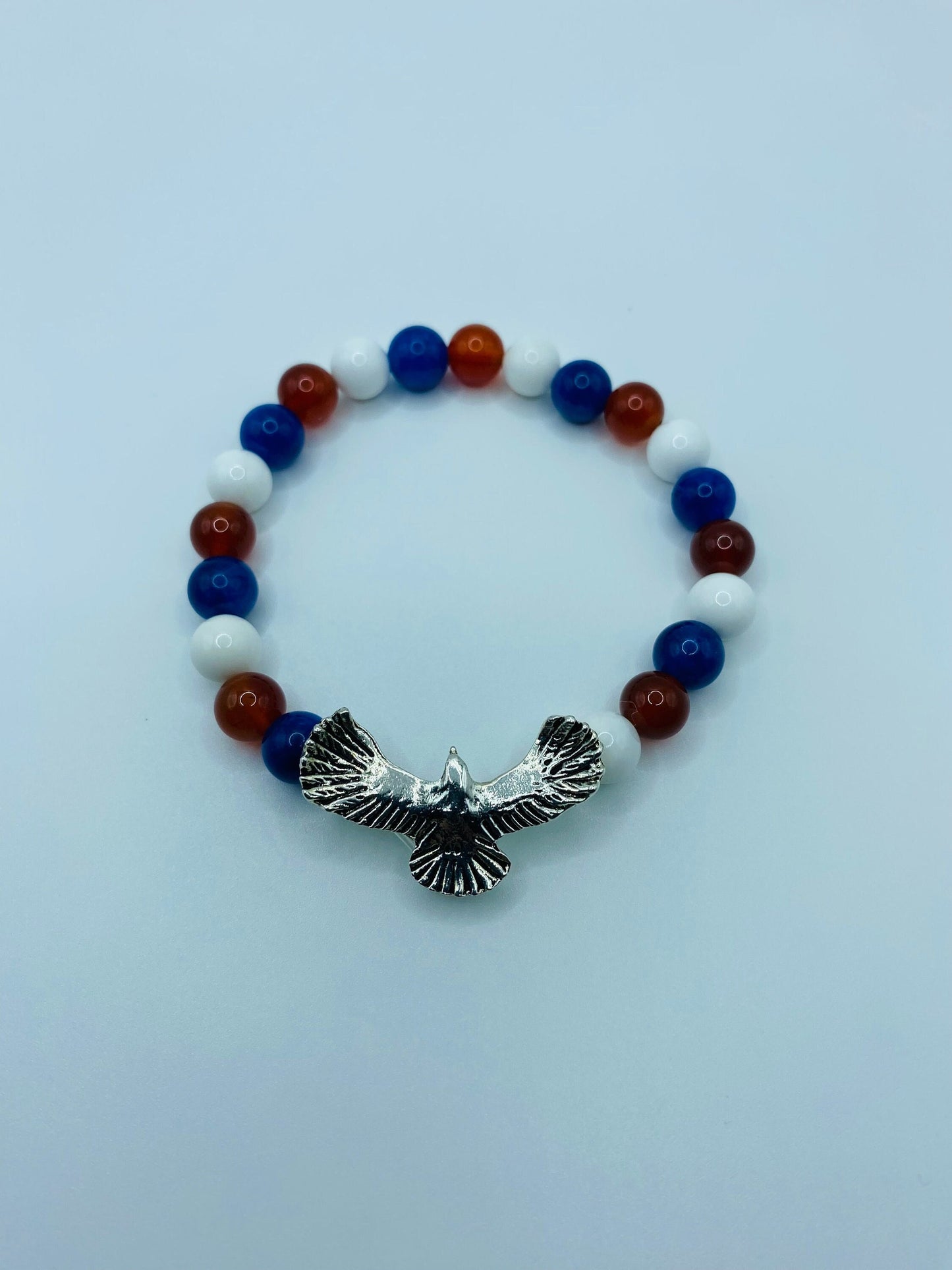 Eagle Charm Bracelet: Red, White & Blue Gemstone Beaded Patriotic Jewelry