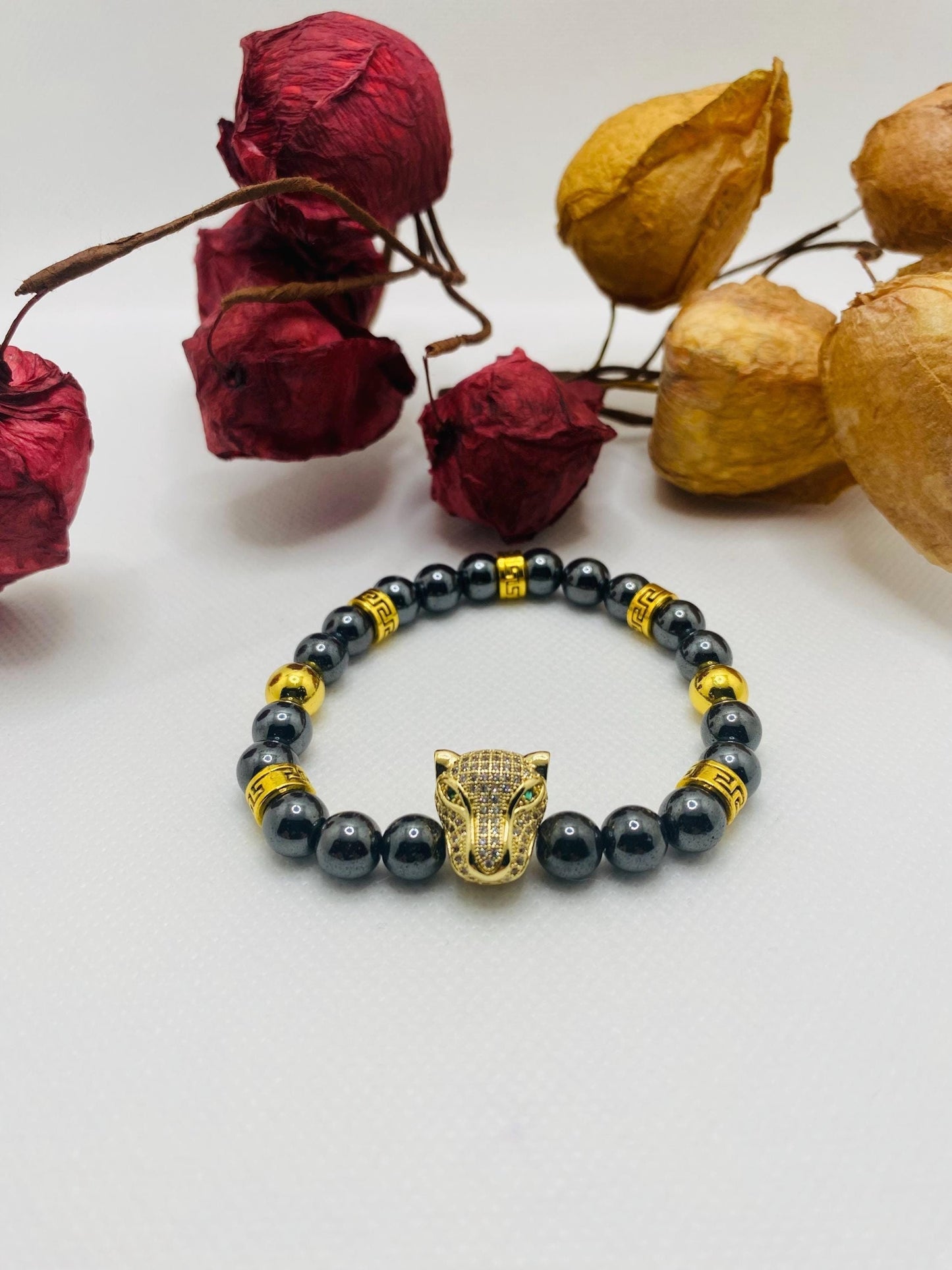 Black Hematite Bracelet: Gold Panther Bead Charm, Unisex Jewelry
