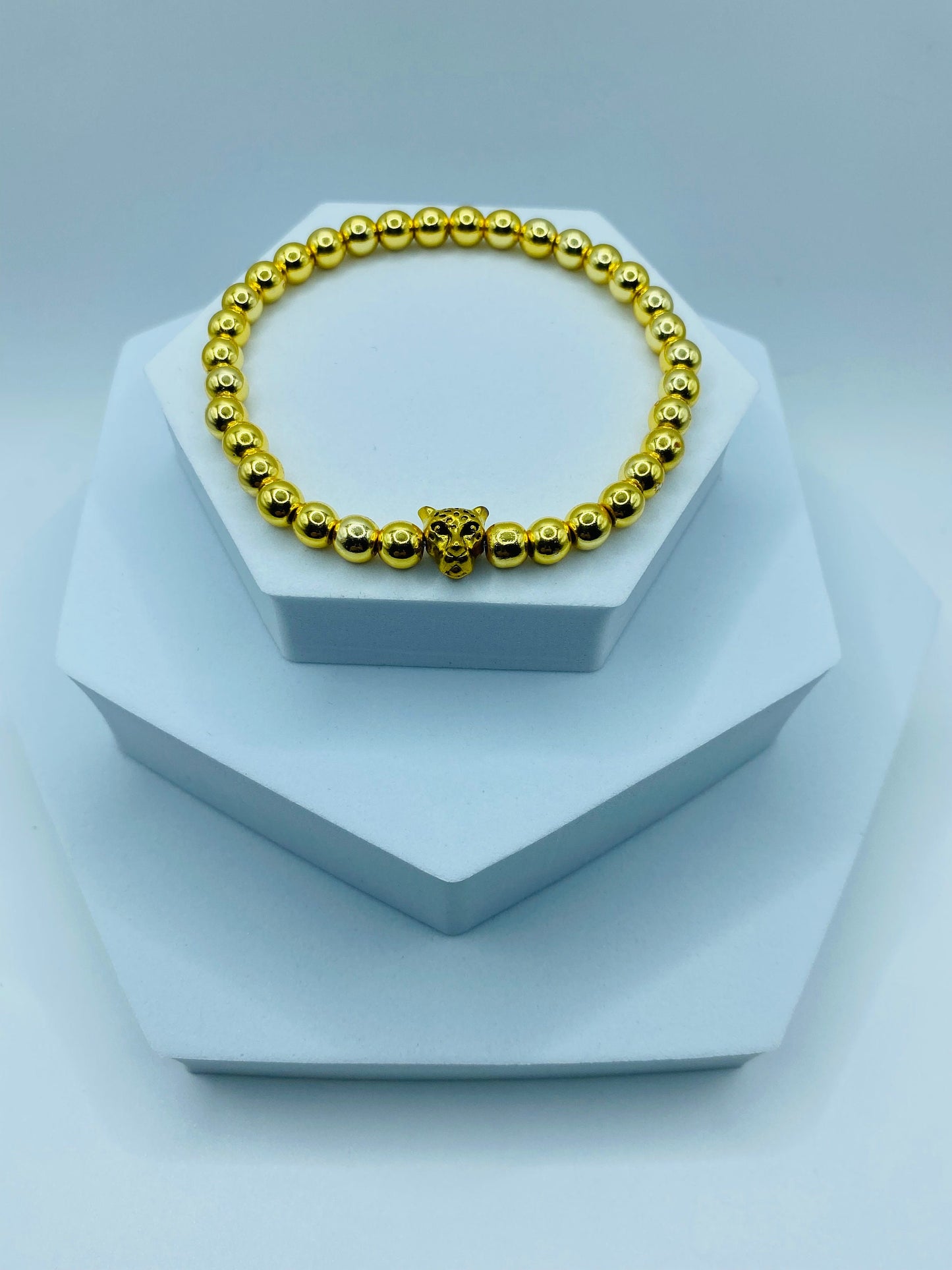 18K Gold Plated Tennis Bracelet: Hematite Beads & Leopard Charm