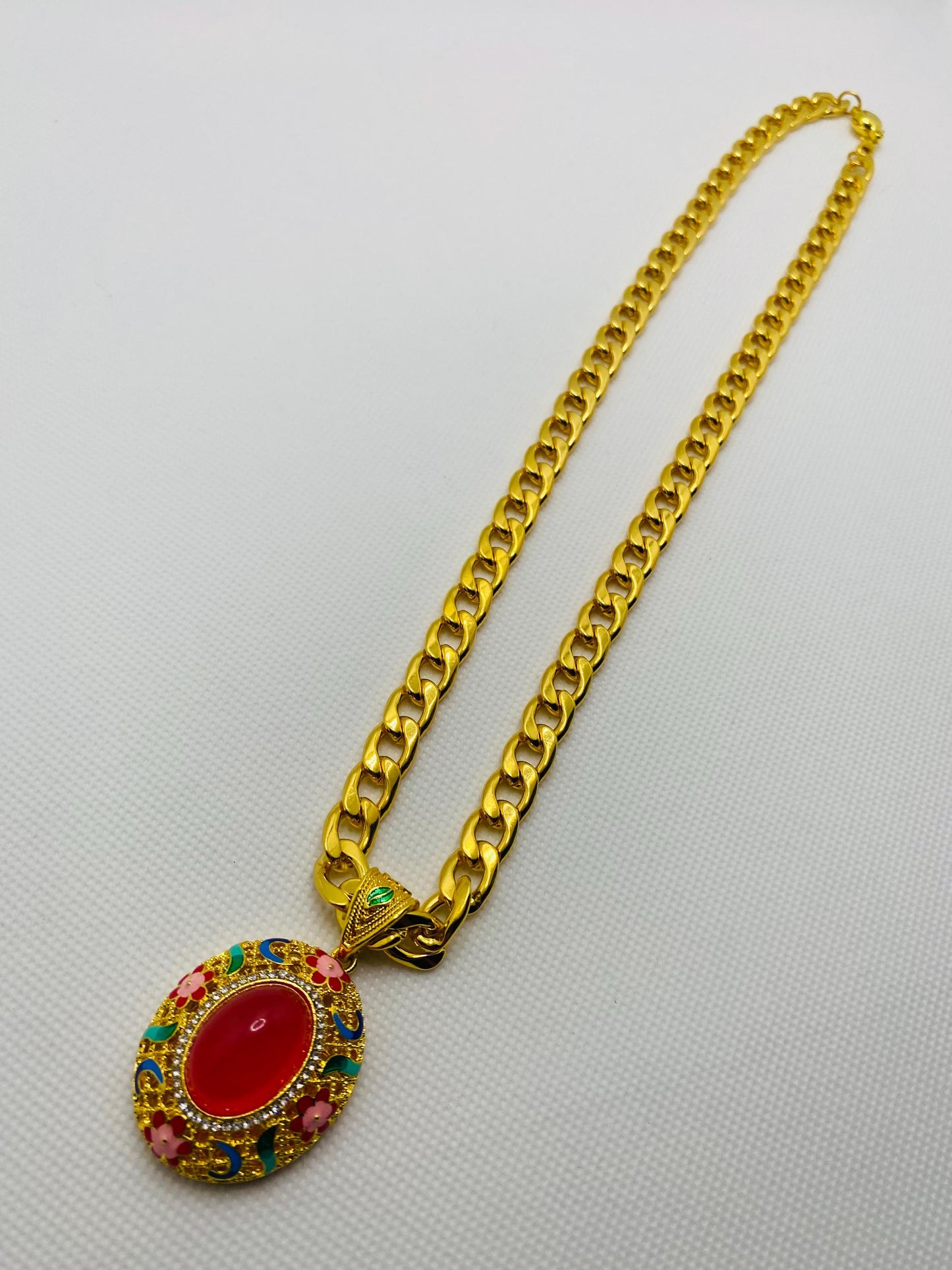 Red Agate Pendant Necklace: Gold Plated Cuban Link Chain Boho Jewelry