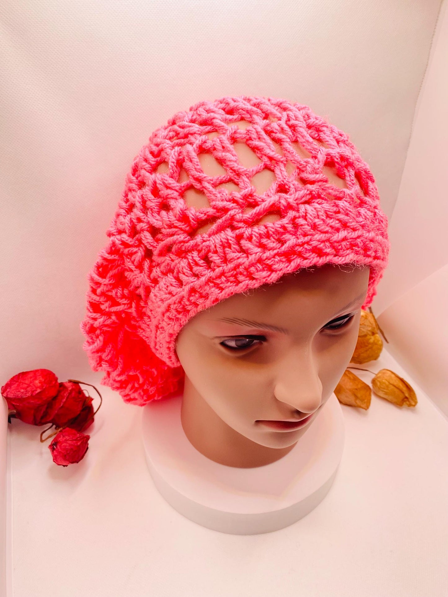 Pink Crochet Slouchy Beanie: Handmade Acrylic Dreadlock Hat