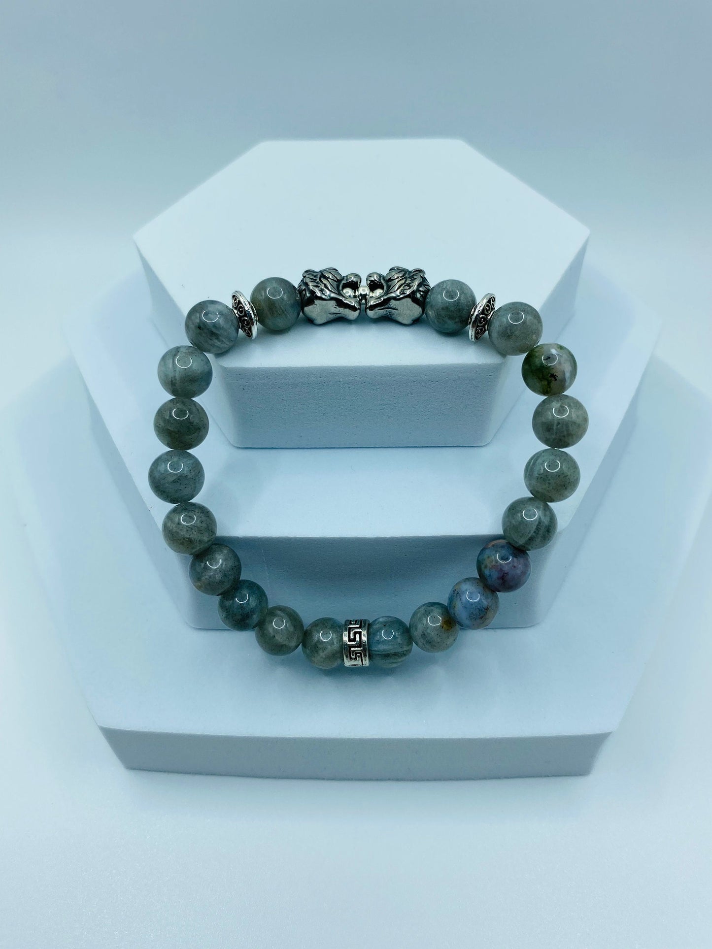 Mens Labradorite Beaded Bracelet: Stainless Steel Tiger Charm