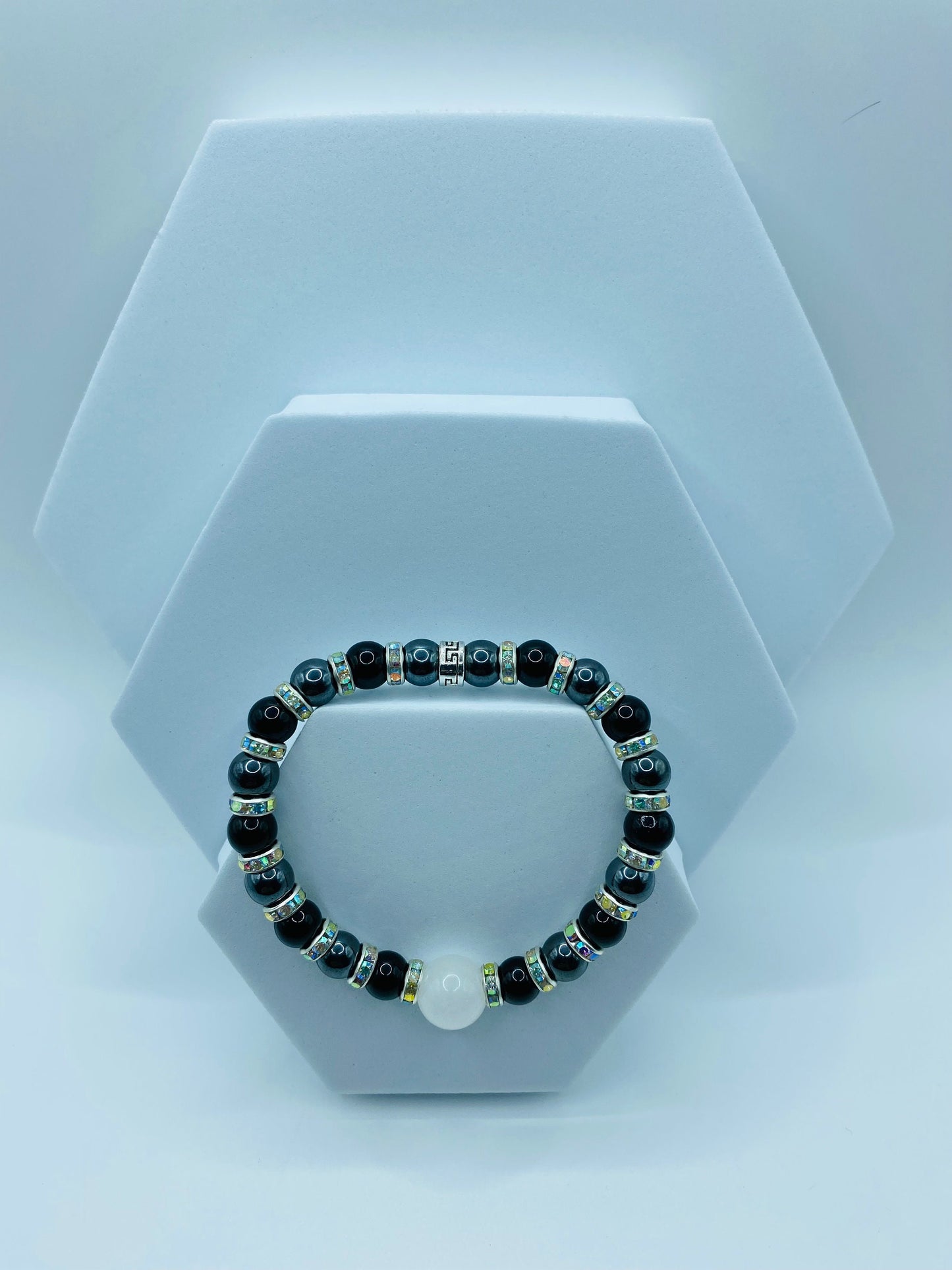 Handmade Black Onyx & Chalcedony Bracelet with Rhinestone Spacers