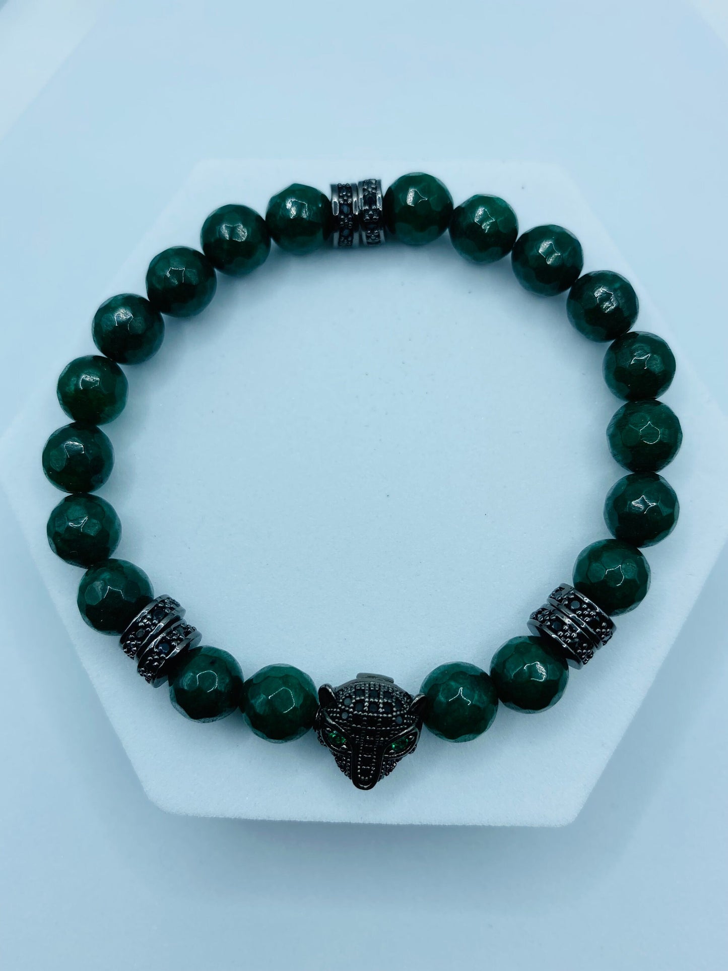 Emerald Green Jade Bracelet: Black Panther Charm, Rhinestone Spacers