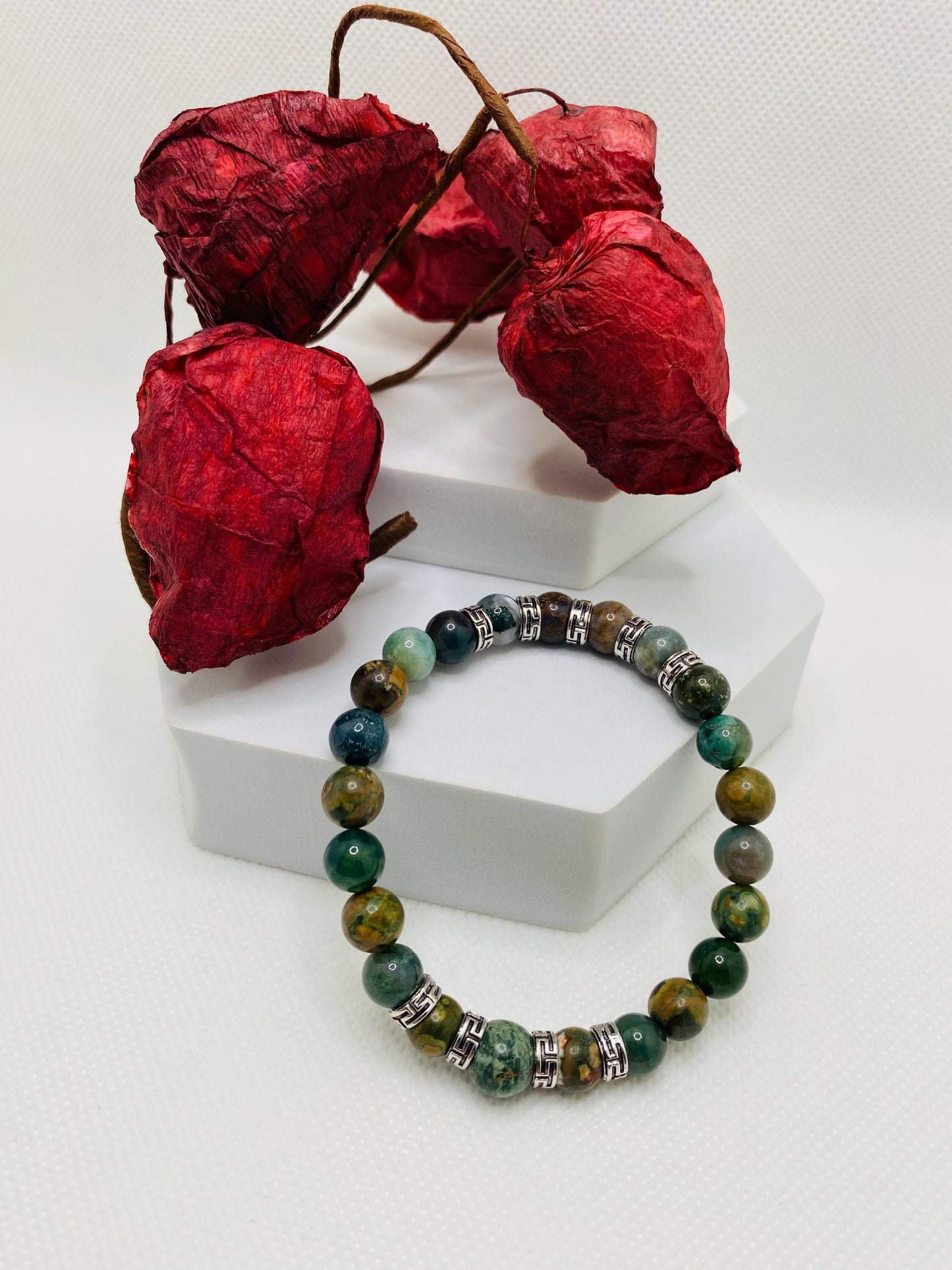 Handmade Indian Moss Agate Bracelet: Tibetan Silver Spacers