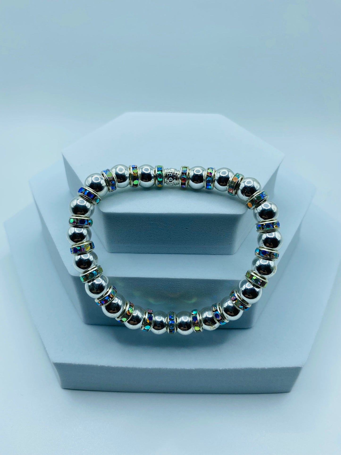 Mens Silver Hematite Bracelet with Rhinestone Accents