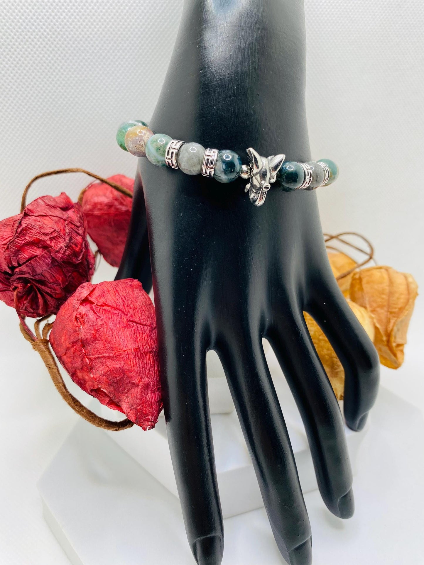 Moss Agate Beaded Bracelet: Elephant Charm, Tibetan Silver Spacers