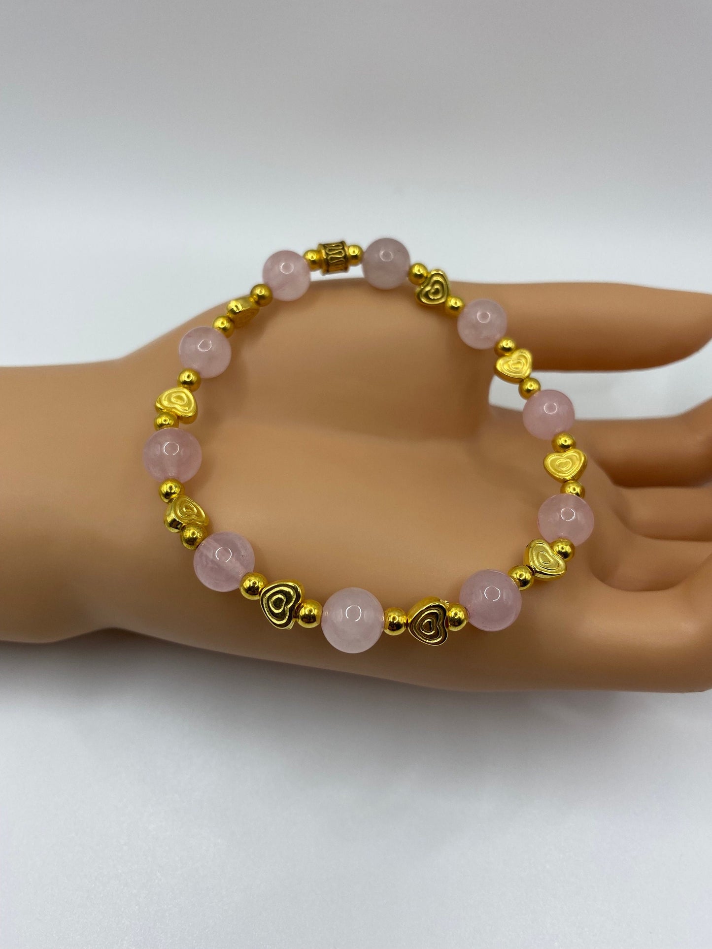 Rose Quartz Bracelet: 18k Gold Heart Charms, Gold Hematite Beads