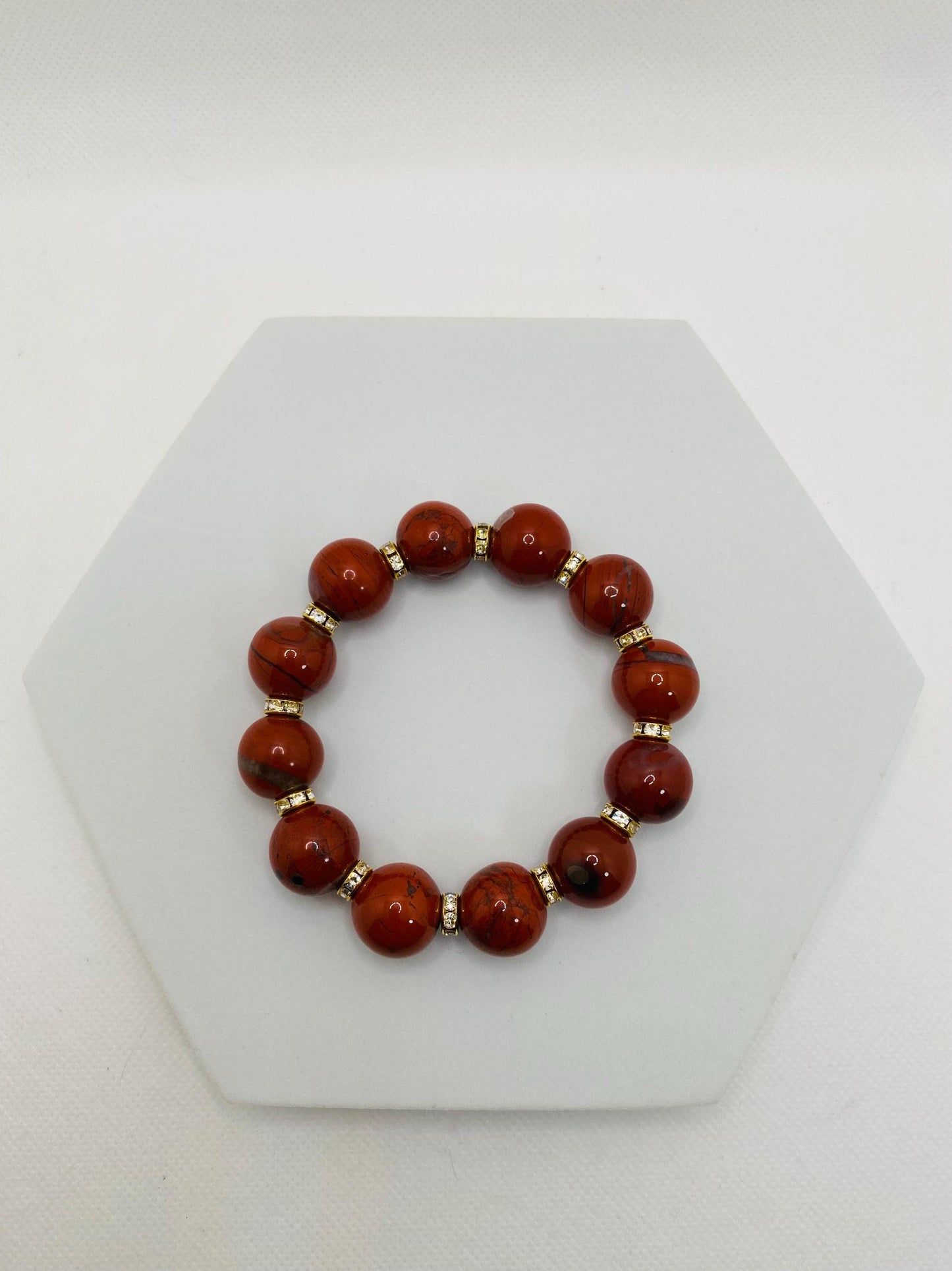 Handmade Chunky Red Jasper Bracelet: Rhinestone Gemstone Jewelry