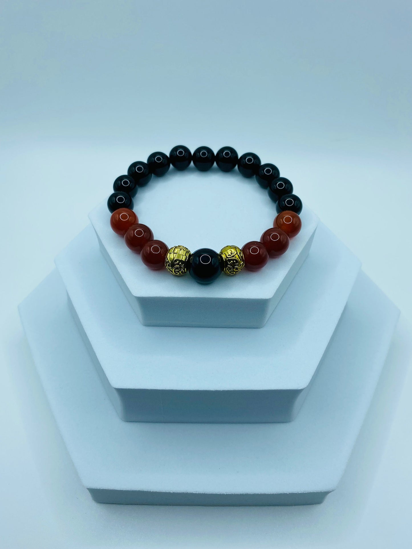 Black Onyx & Red Carnelian Beaded Bracelet - Tibetan Spacer Beads