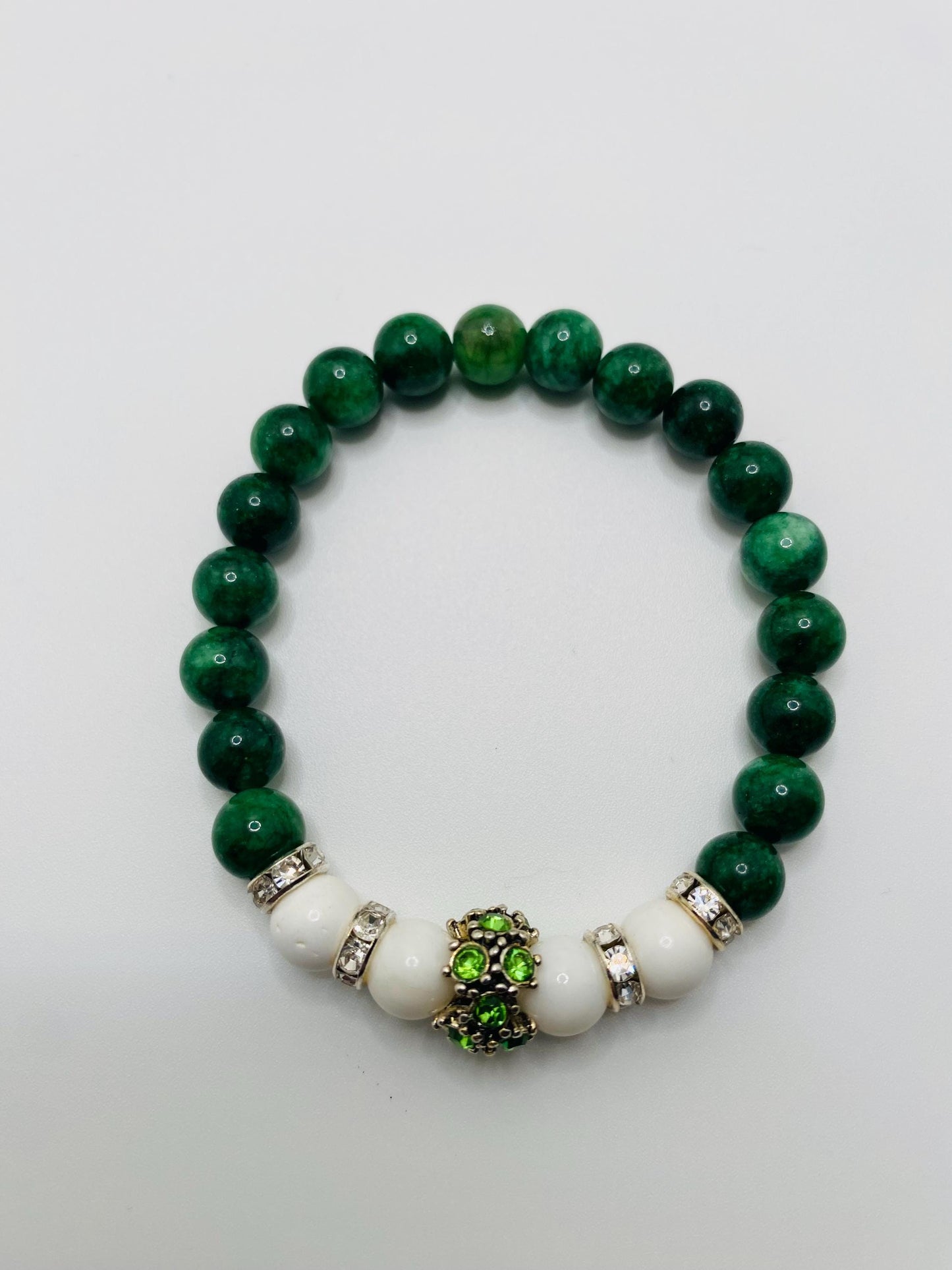 Jade Charm Bracelet: Agate Beads, Silver Rhinestone Charm