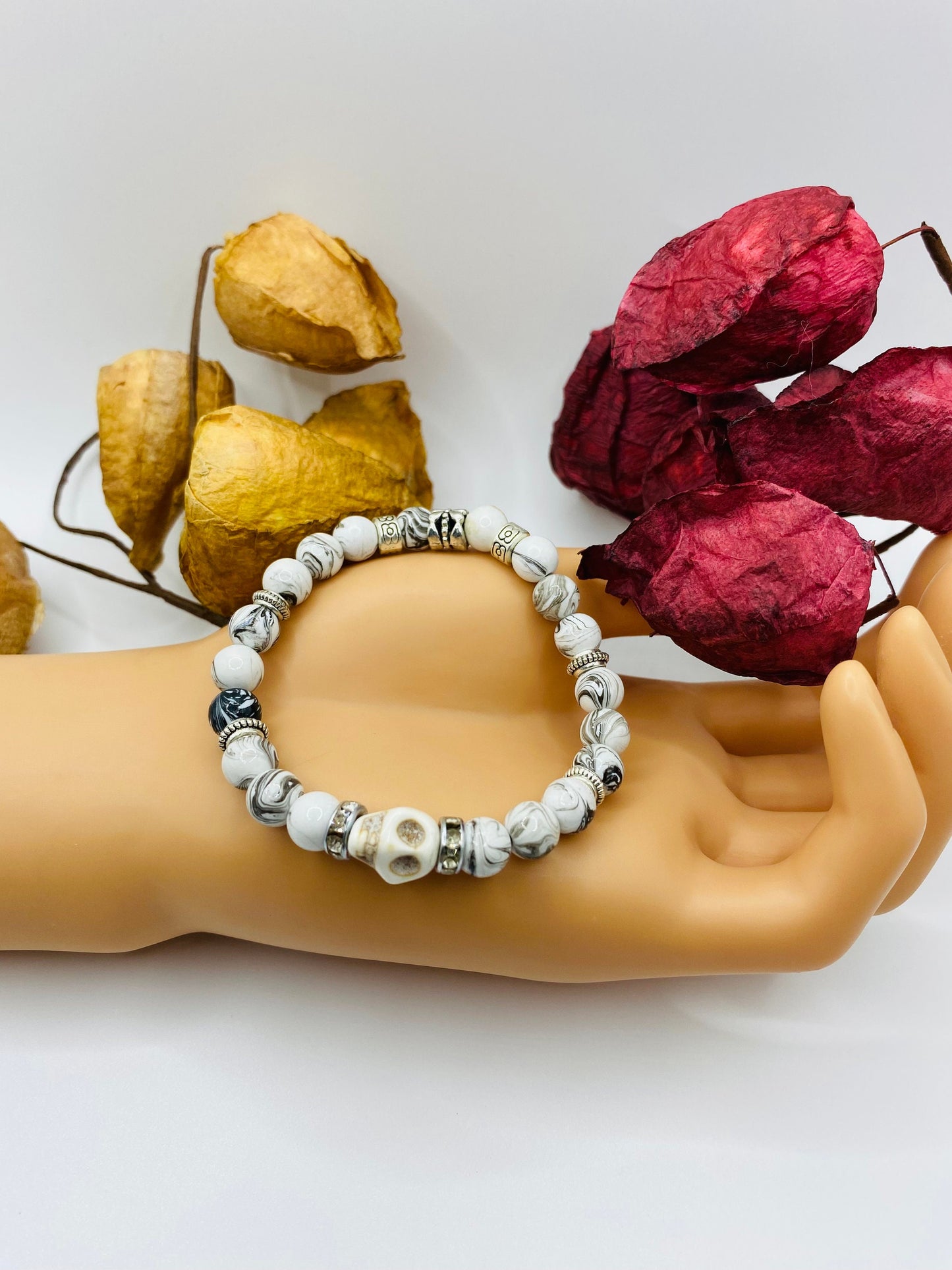 Custom Bracelet Day of the Dead Halloween Jewelry, Howlite Gemstone Beads & Skull Beads - Dia de Los Muertos