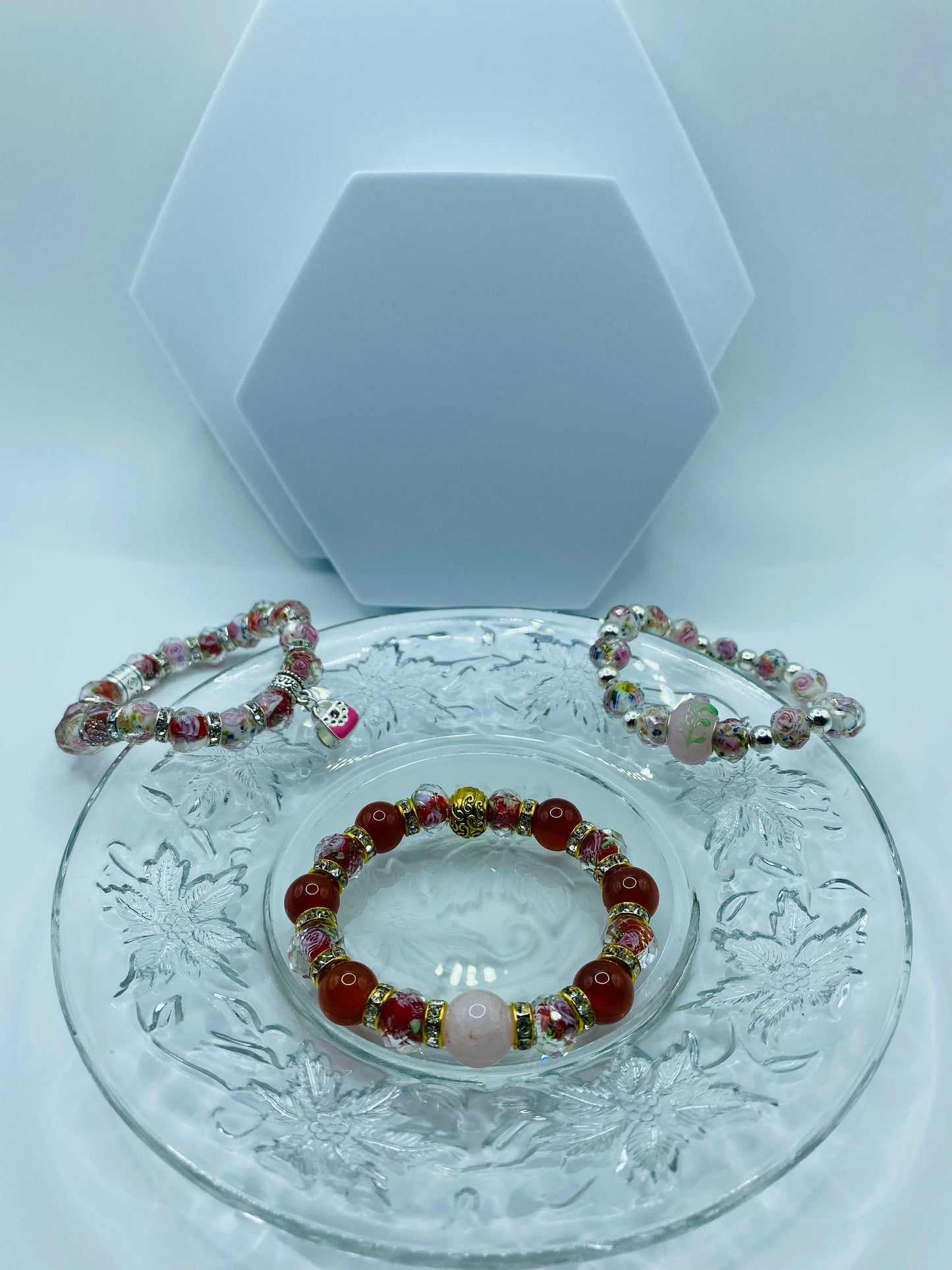 Rose Quartz Bracelet: Red Carnelian, Lampwork Floral Glass Beads