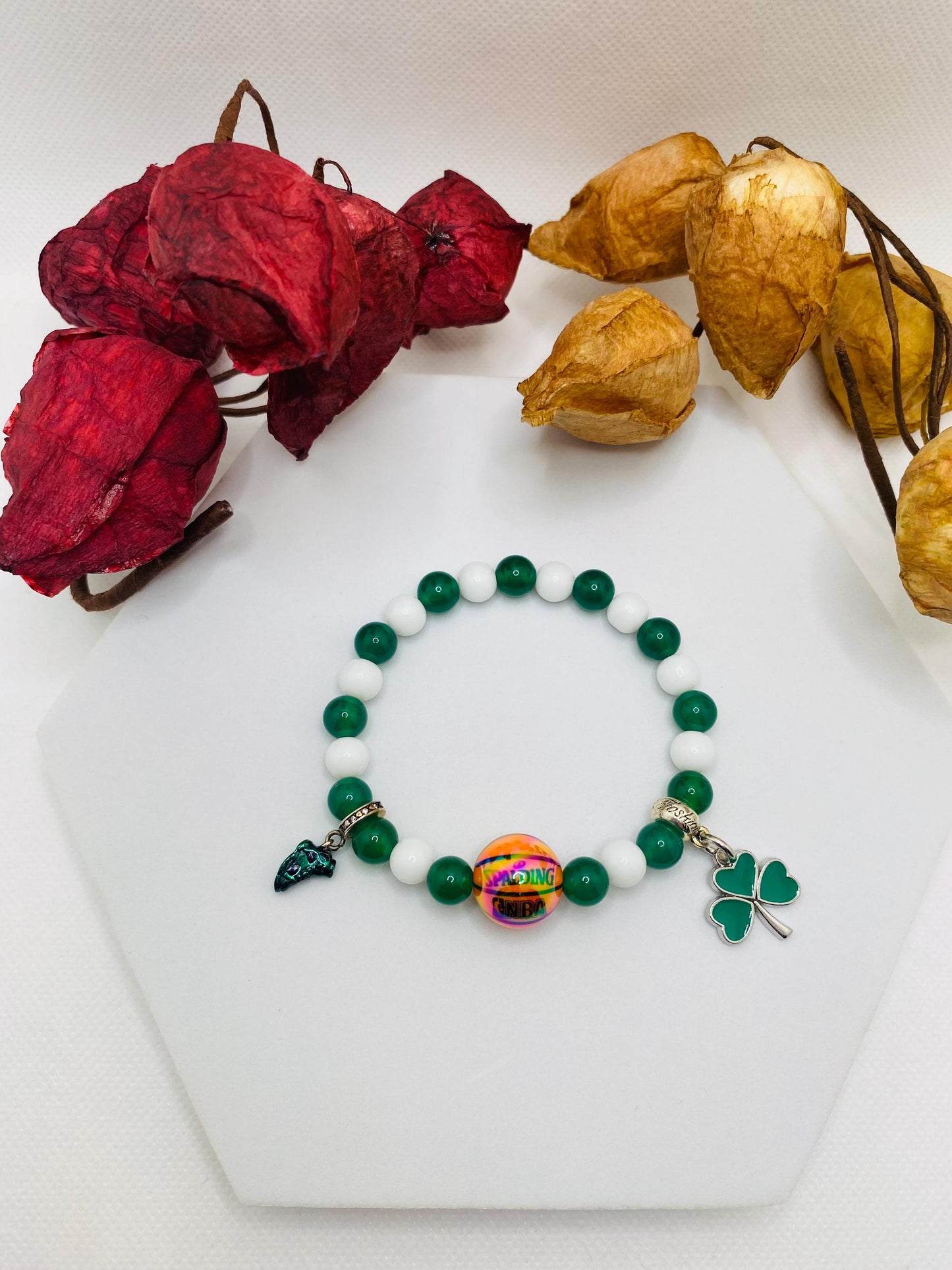 Boston Celtics Jade Beaded Bracelet with Basketball Bead & Clover Charm