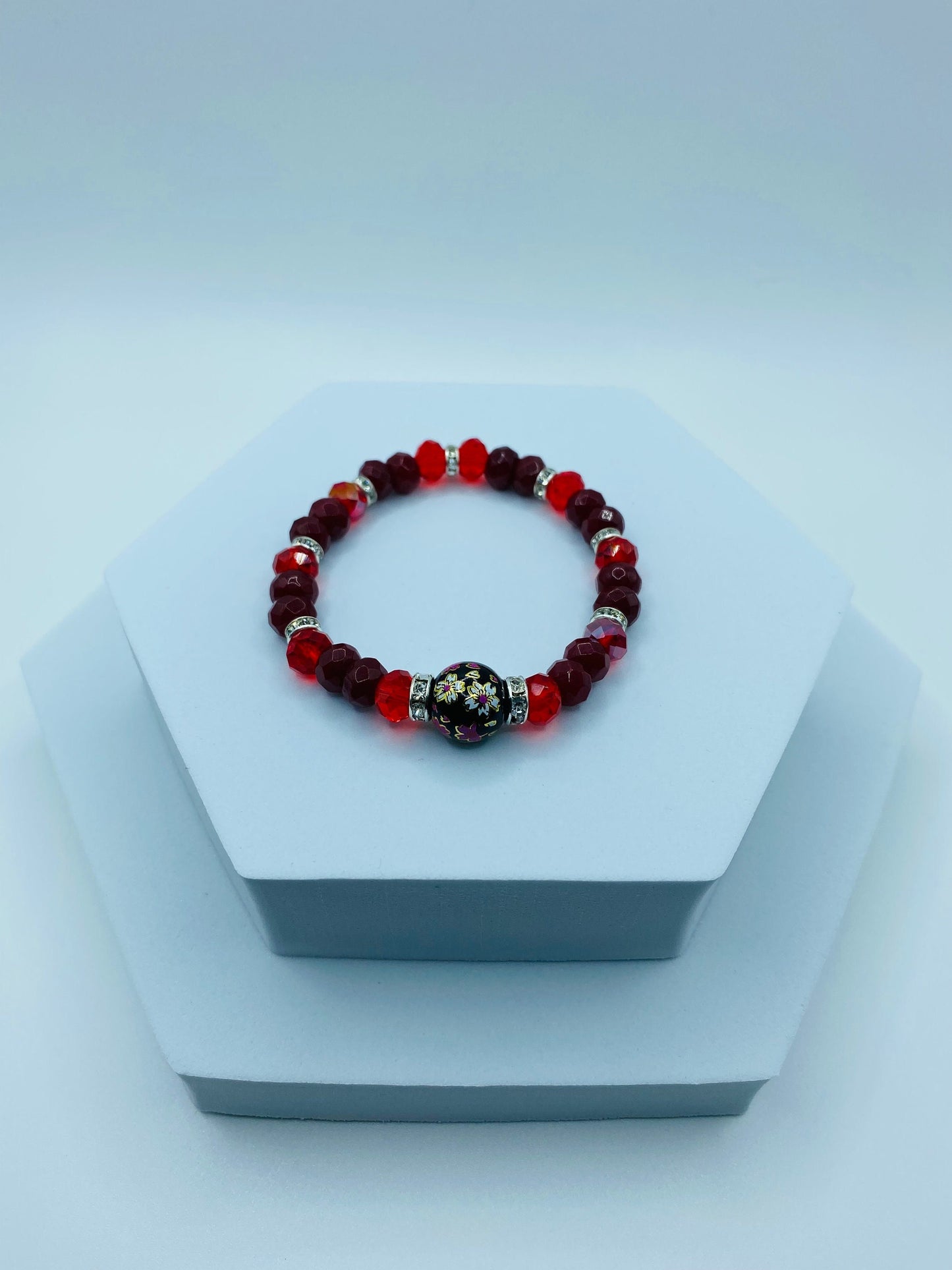 Red Jade & Crystal Beaded Bracelet with Floral Painted Glass Bead