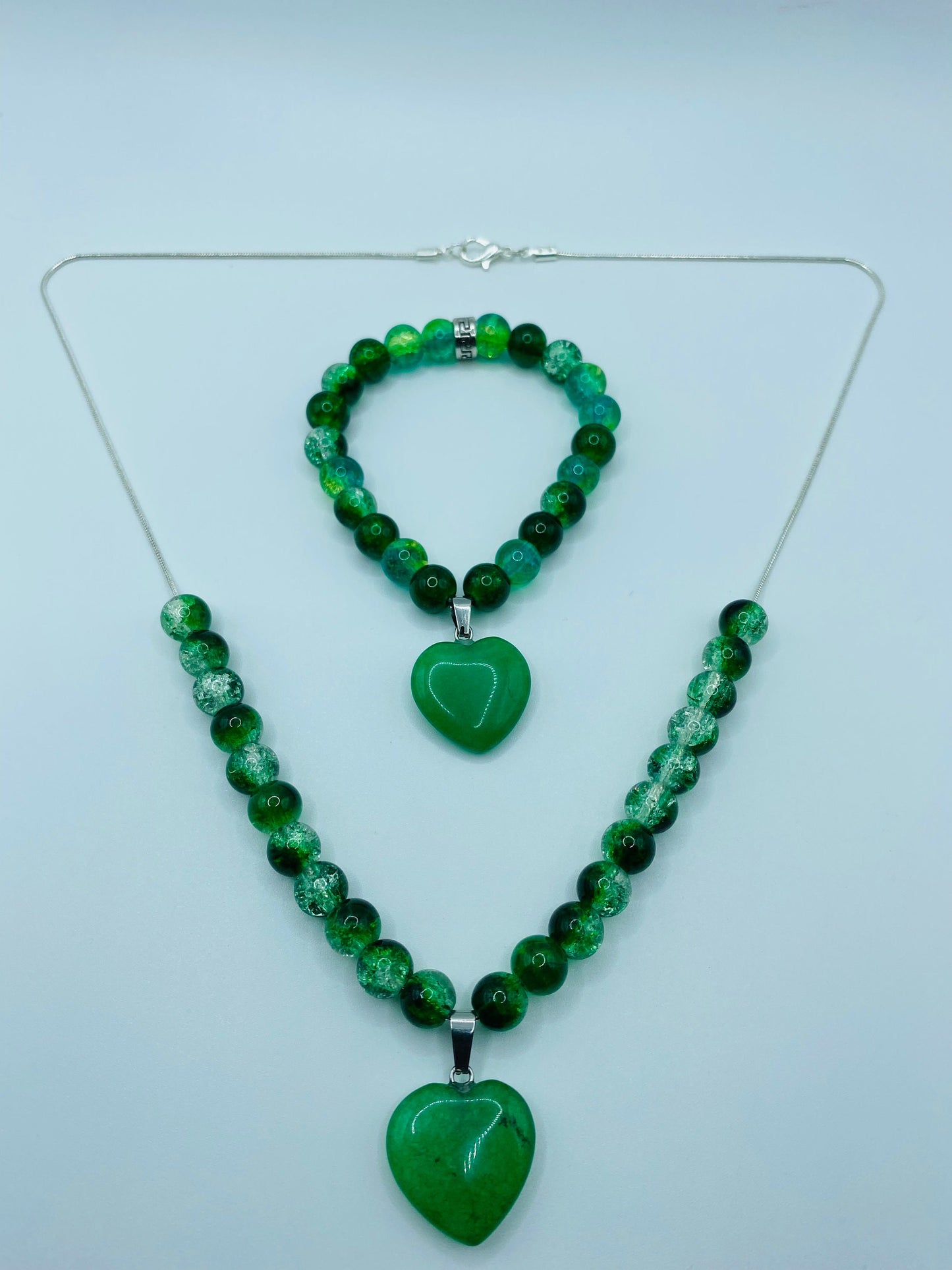 Handmade Jade Heart Necklace Bracelet Set: Green Glass Bead Jewelry