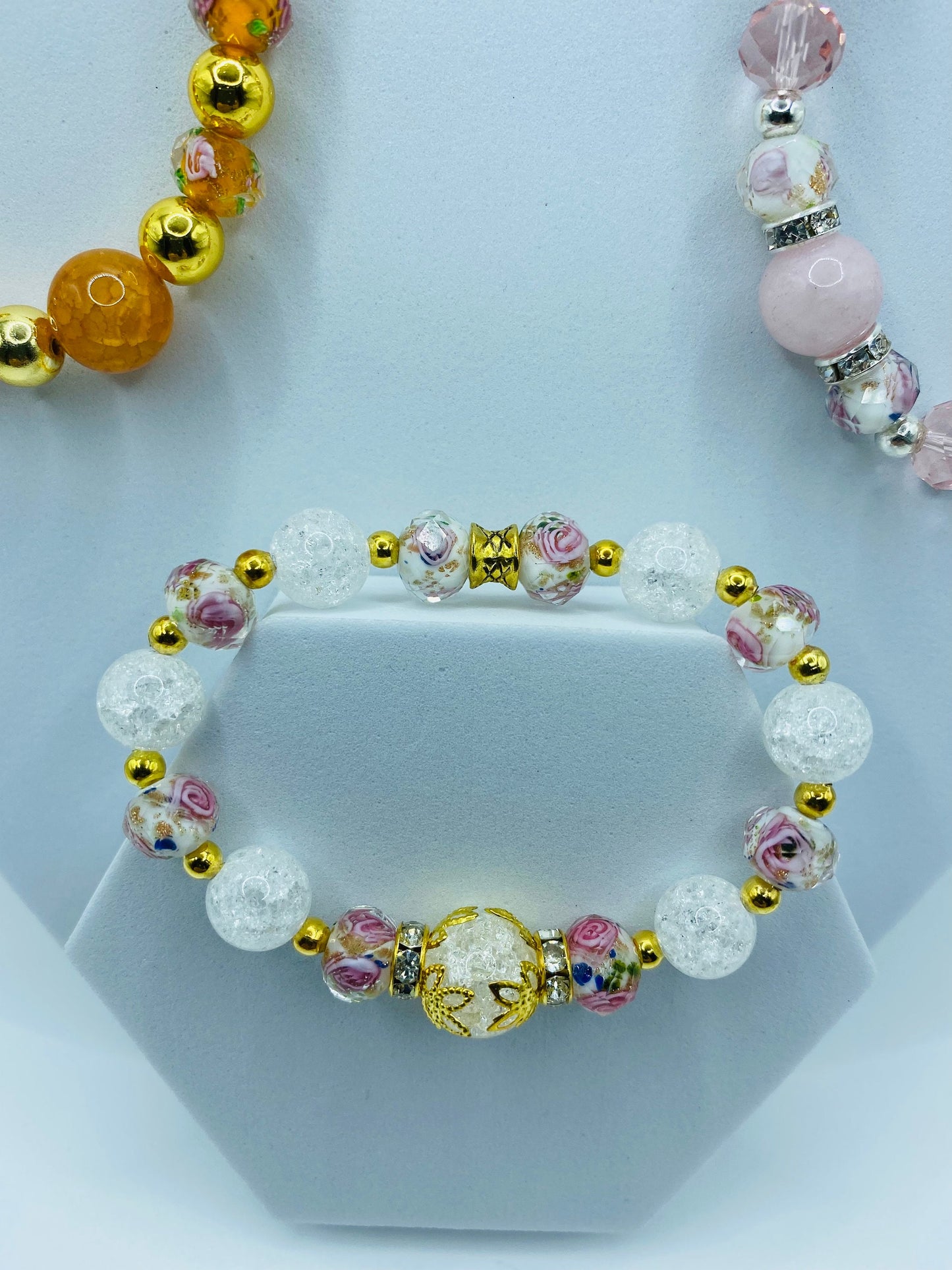 Quartz Crystal Bracelet: Lampwork Floral Glass & 18k Gold Hematite Beads