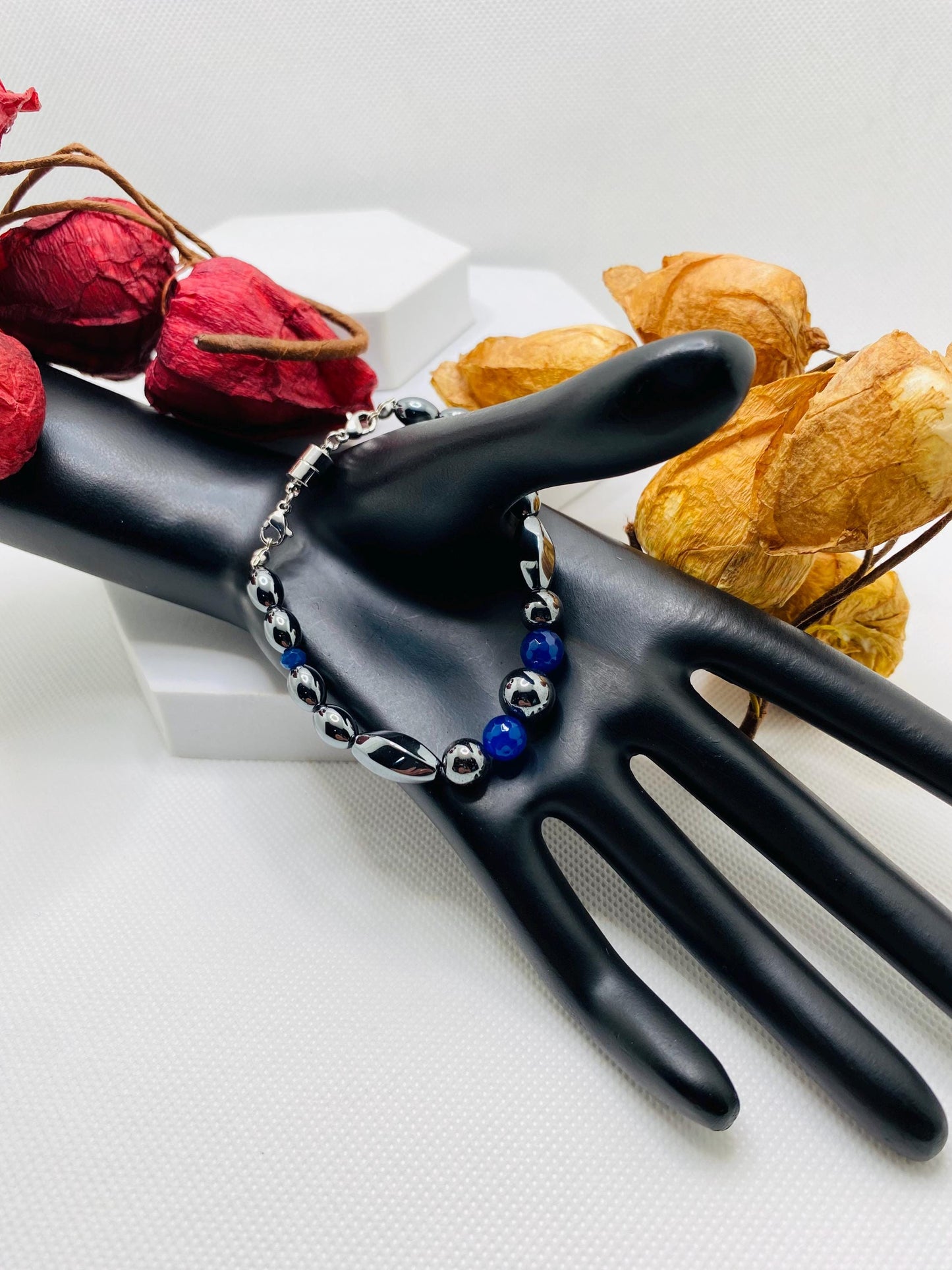 Handmade Jewelry for Men, Womens Jewelry with Hematite and Chalcedony Gemstone Beads, Magnetic Clasp