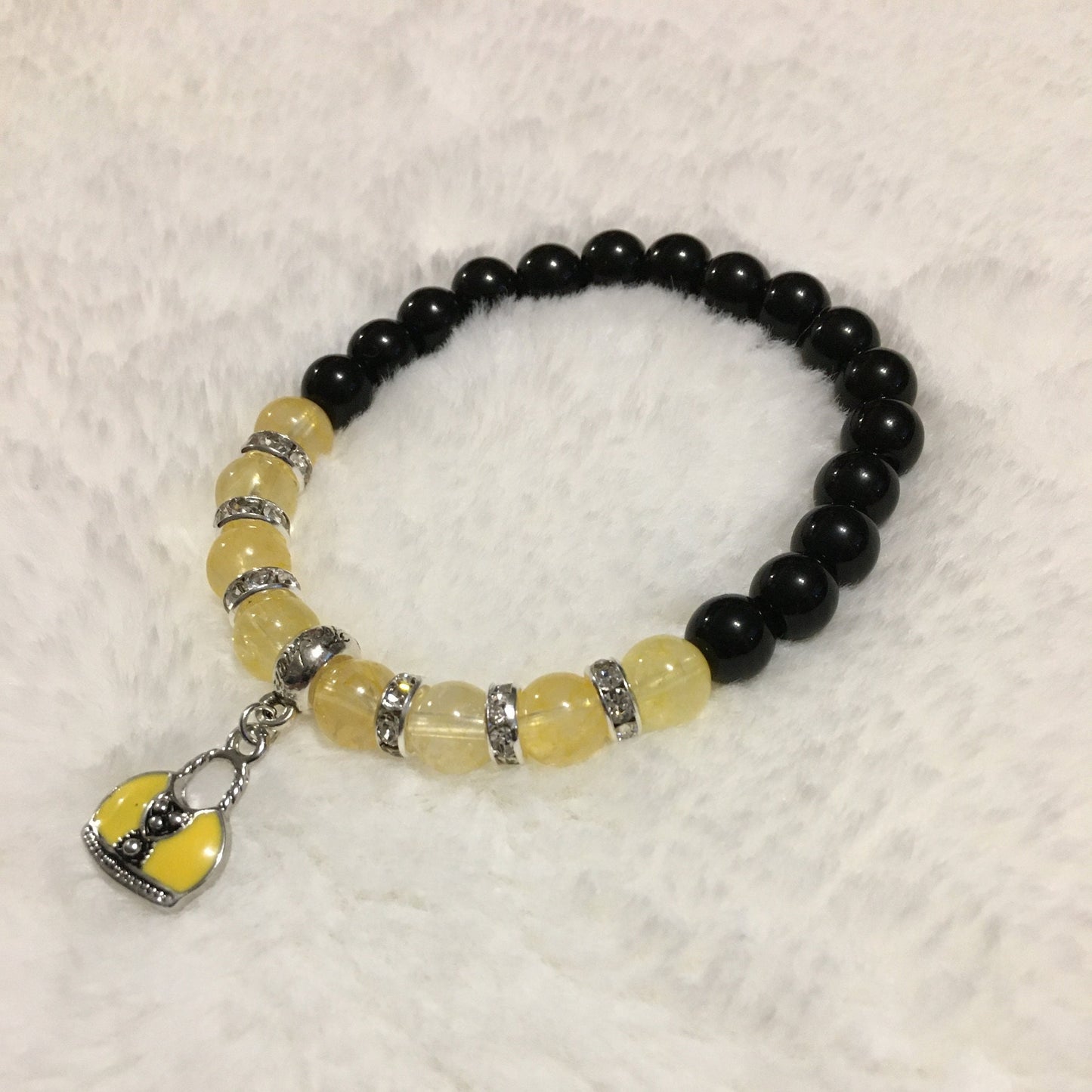 Citrine & Black Onyx Bracelet: Silver Purse Charm, Rhinestone Accents