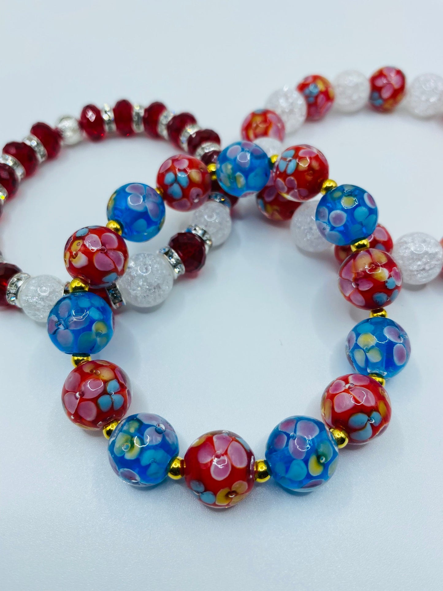 Floral Lampwork Glass Bead Bracelet: Red & Blue Murano Style