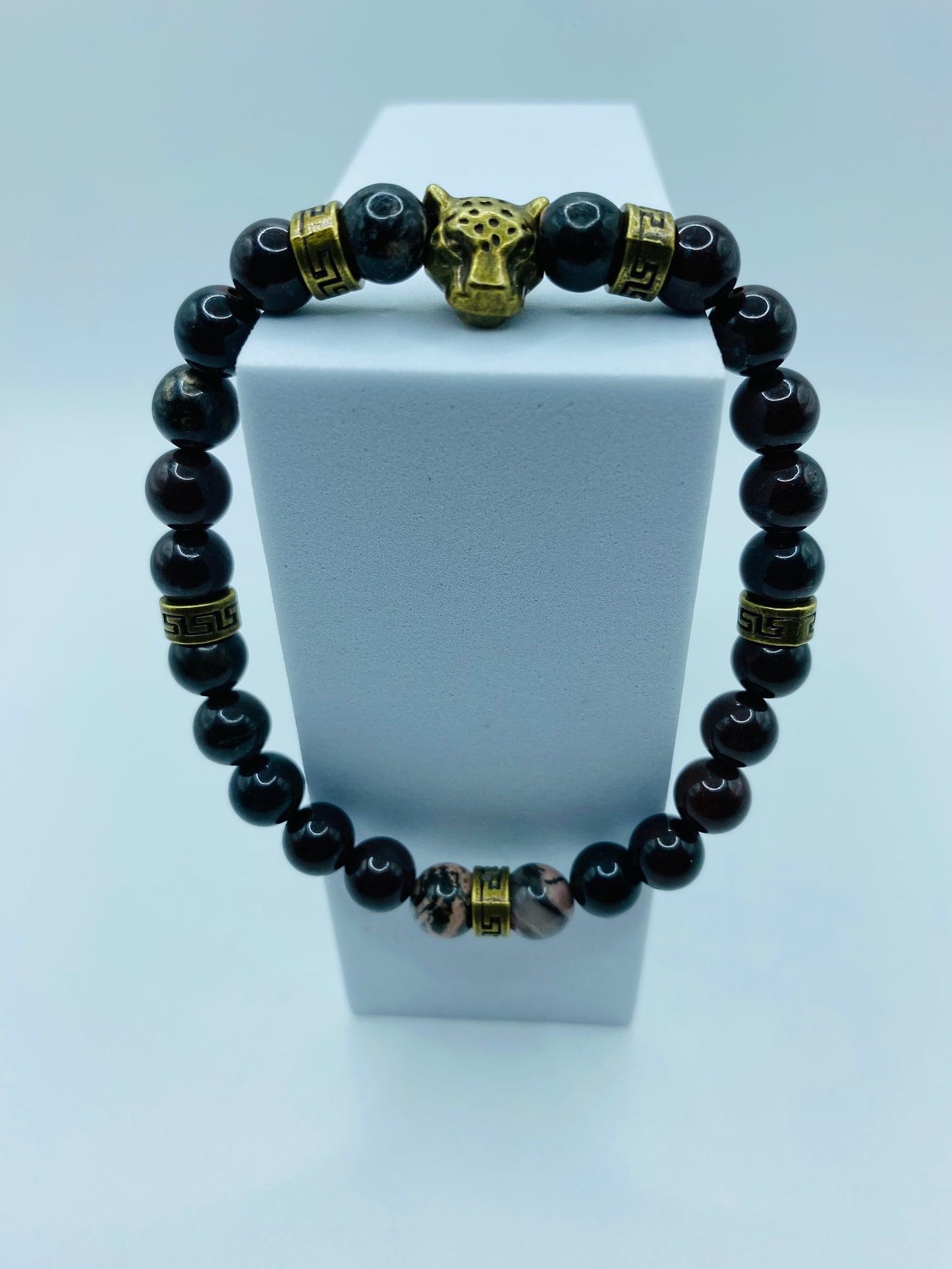 Mens Leopard Charm Bracelet: Bronzite Gemstone Beads, Tibetan Spacers