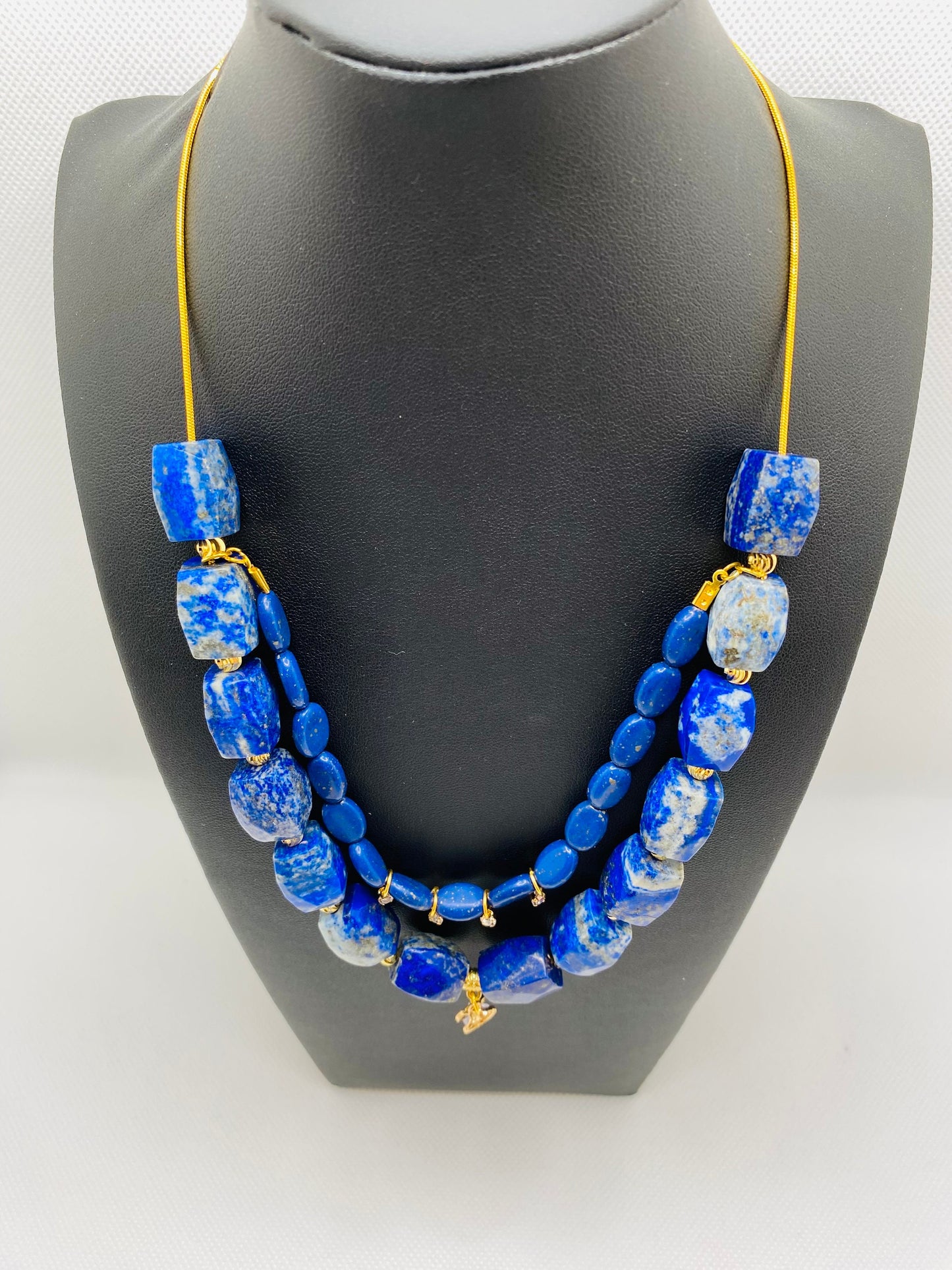 Handmade Lapis Lazuli Layered Necklace: Gold Plated Heart Pendant
