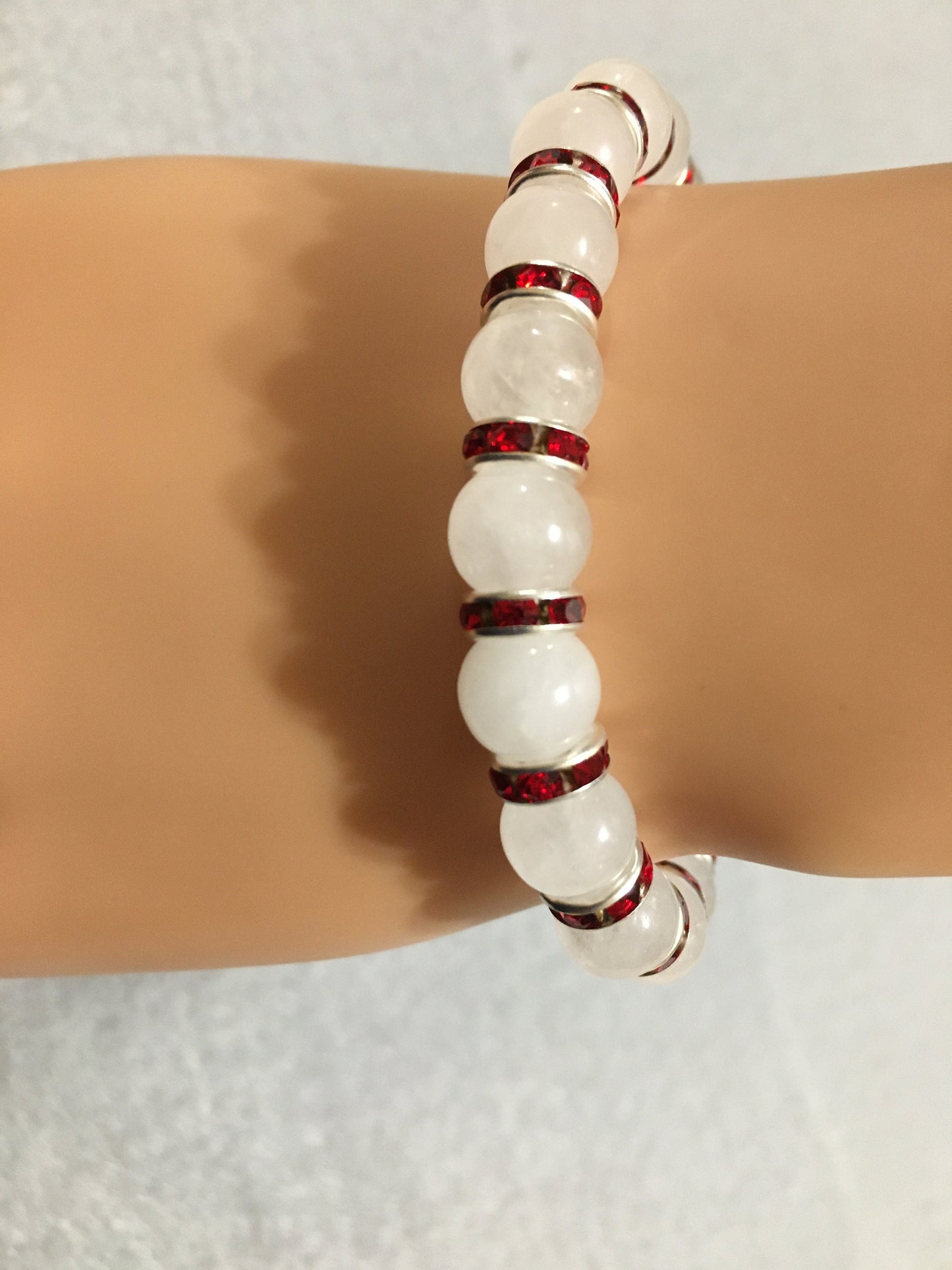 White Jade Bracelet with Red Rhinestone Rondelles