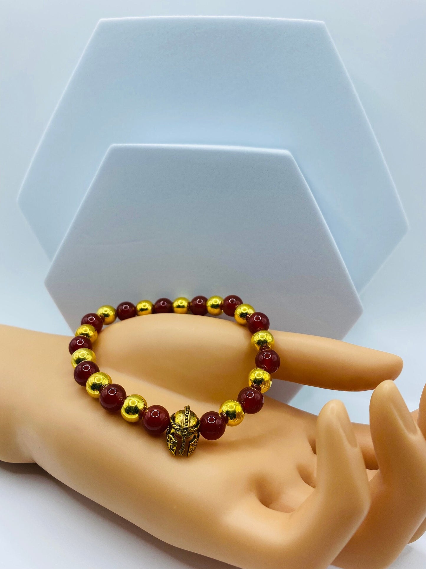 USC Trojans Bracelet: Red Carnelian & Gold Spartan Helmet Beaded Bracelet