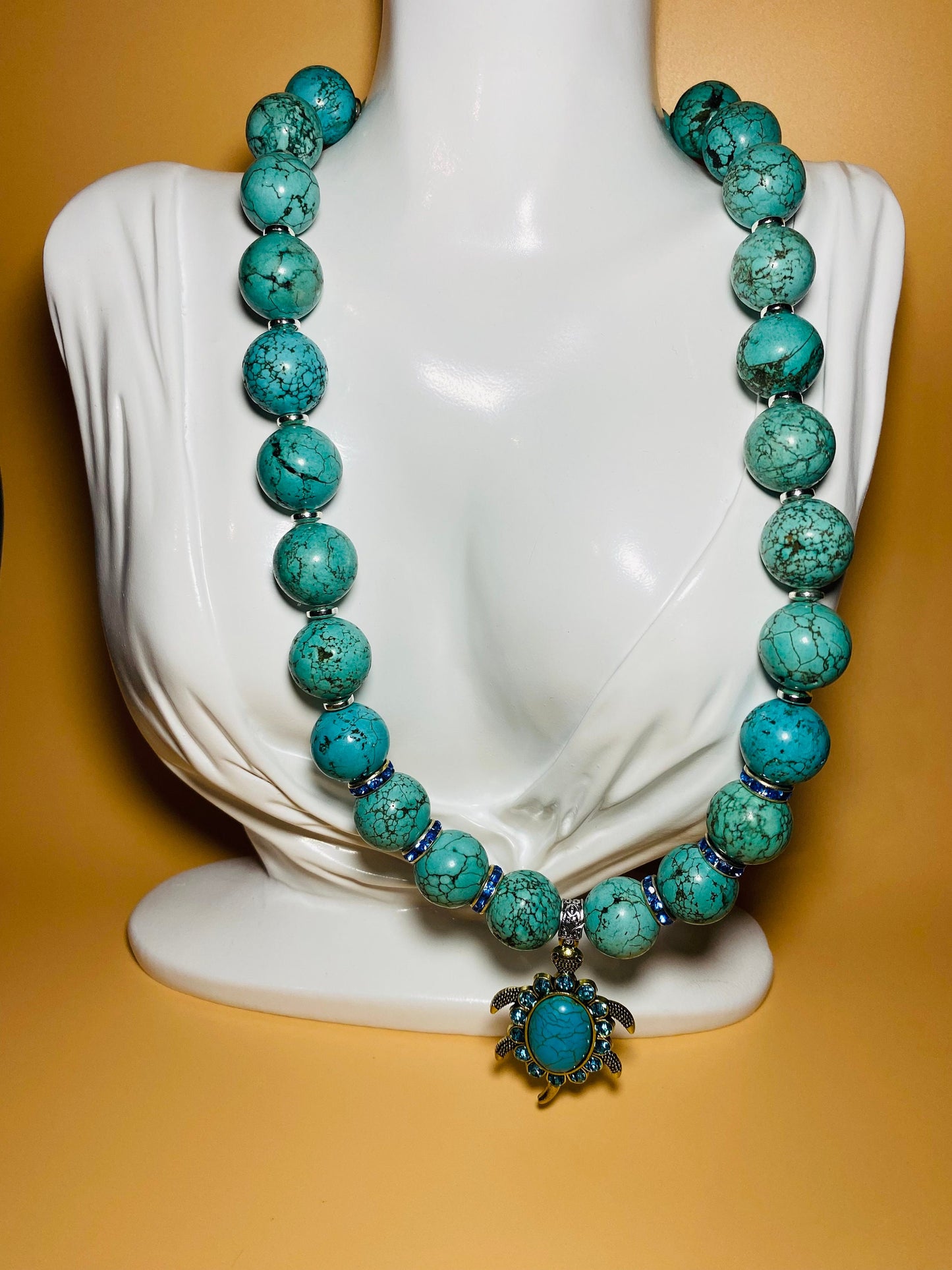 Turquoise Sea Turtle Necklace: Rhinestone Pendant, Boho Jewelry