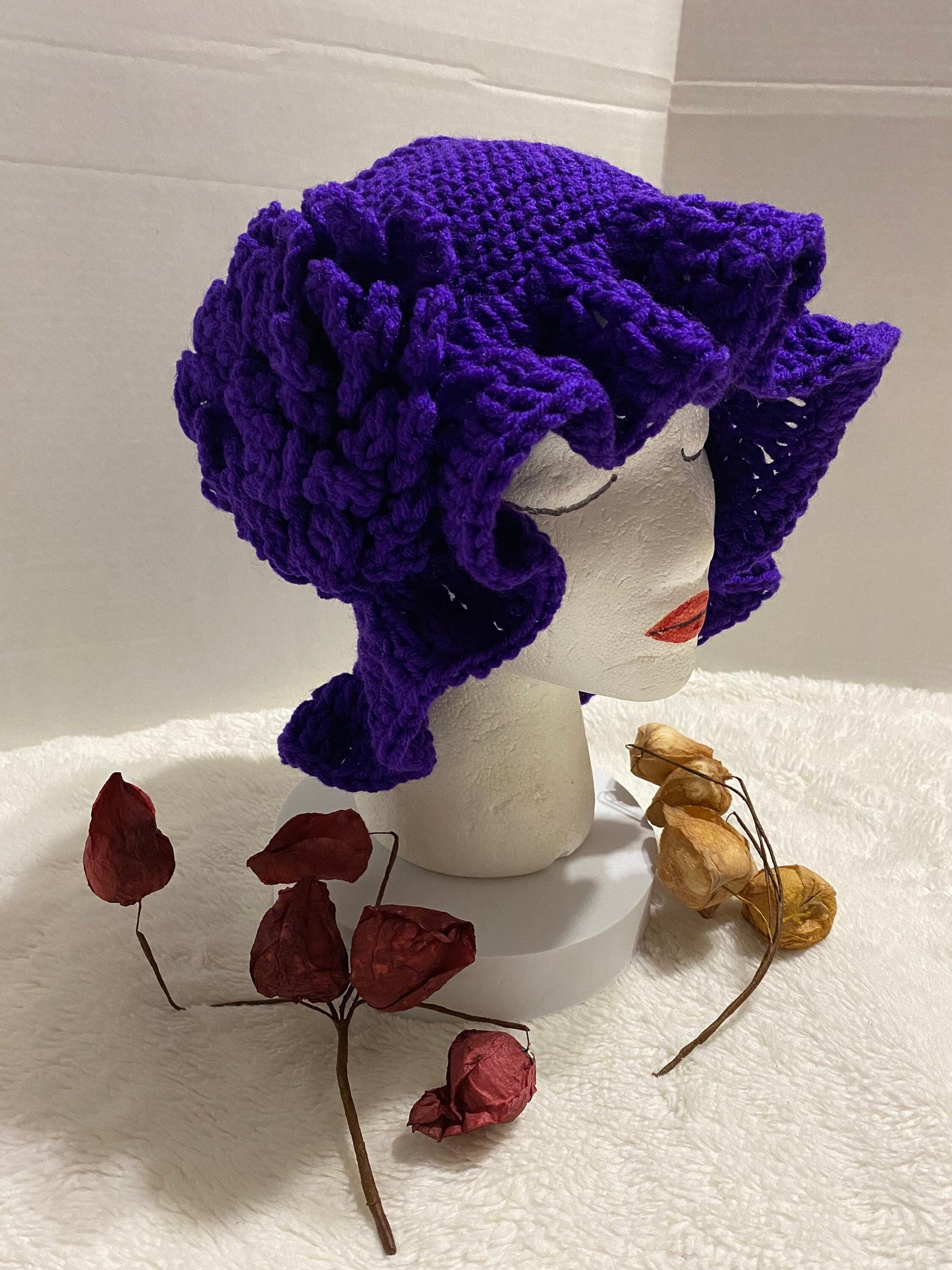 Crochet Bucket Hat with Flower: Violet Acrylic Handmade Women's Hat