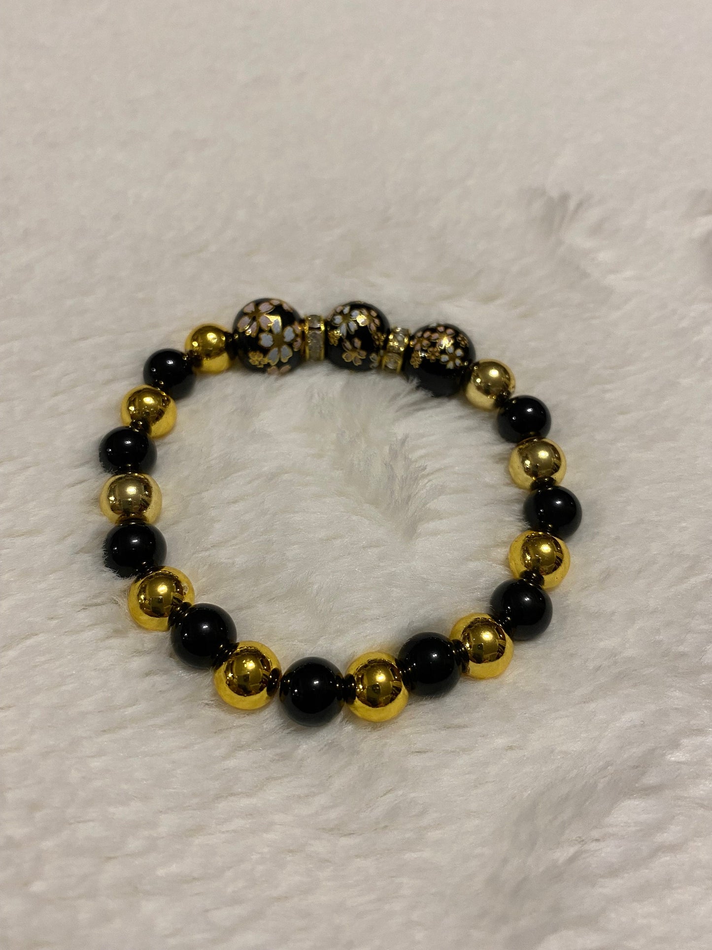 Handmade Floral Painted Glass Bead Bracelet: Onyx & 18k Gold Hematite
