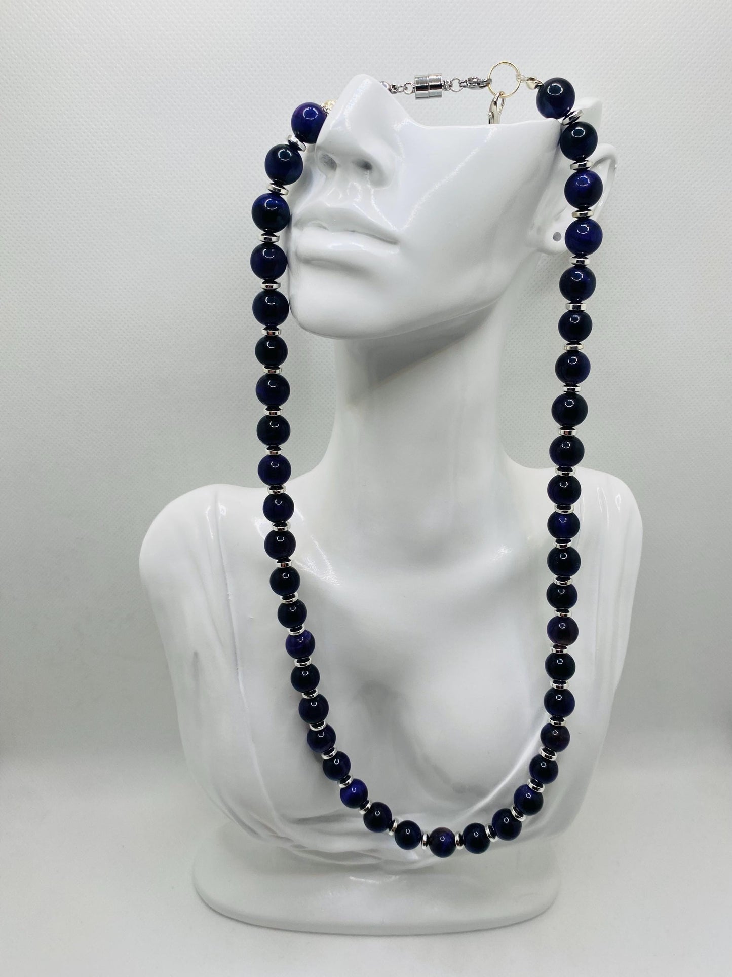 Purple Tigers Eye Necklace: Silver Hematite Gemstone Beaded Jewelry