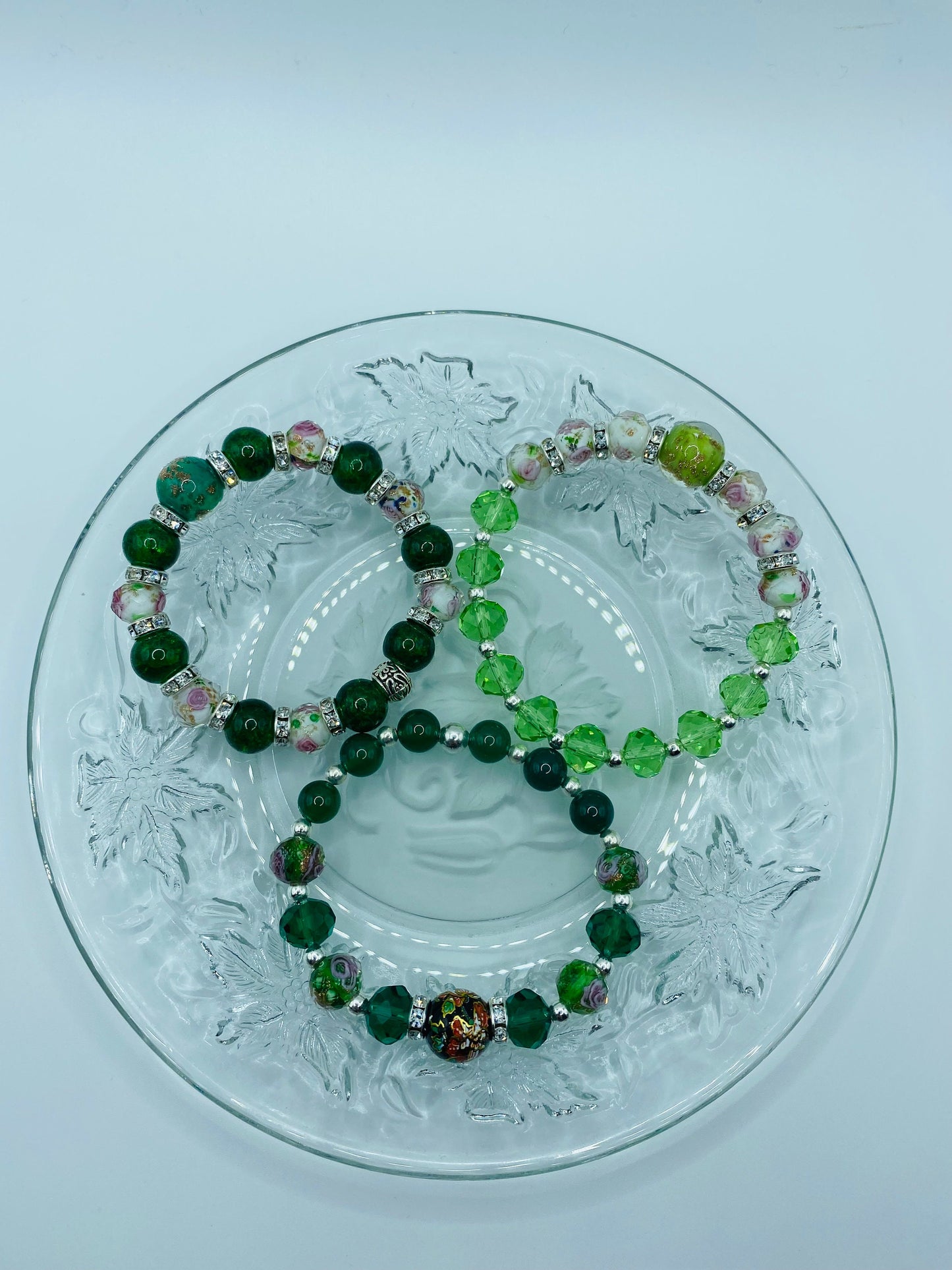 Jade Bracelet: Lampwork Floral Glass Beads & Hematite Gemstones