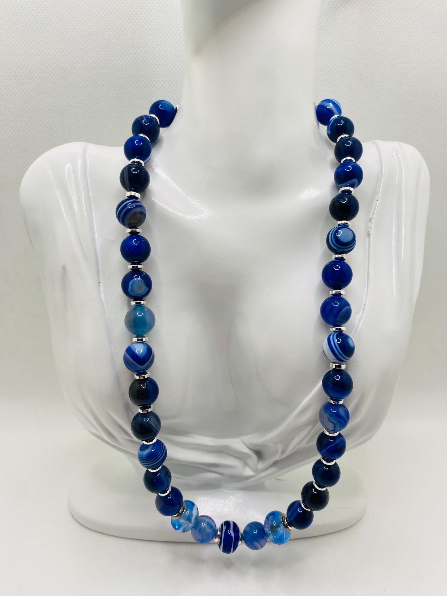 Blue Lace Agate Gemstone Necklace: Silverplated Hematite Rondelle Spacers