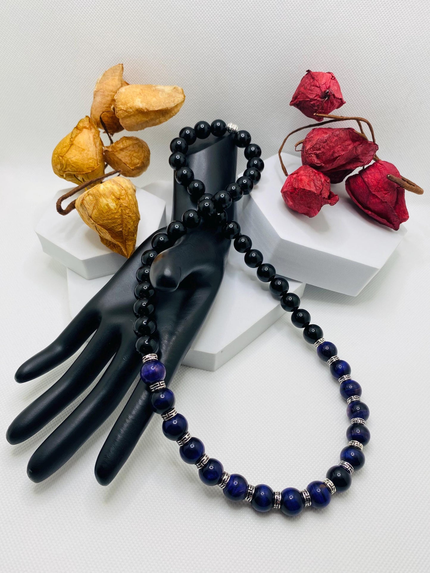 Handmade Purple Tiger Eye & Onyx Gemstone Jewelry Set