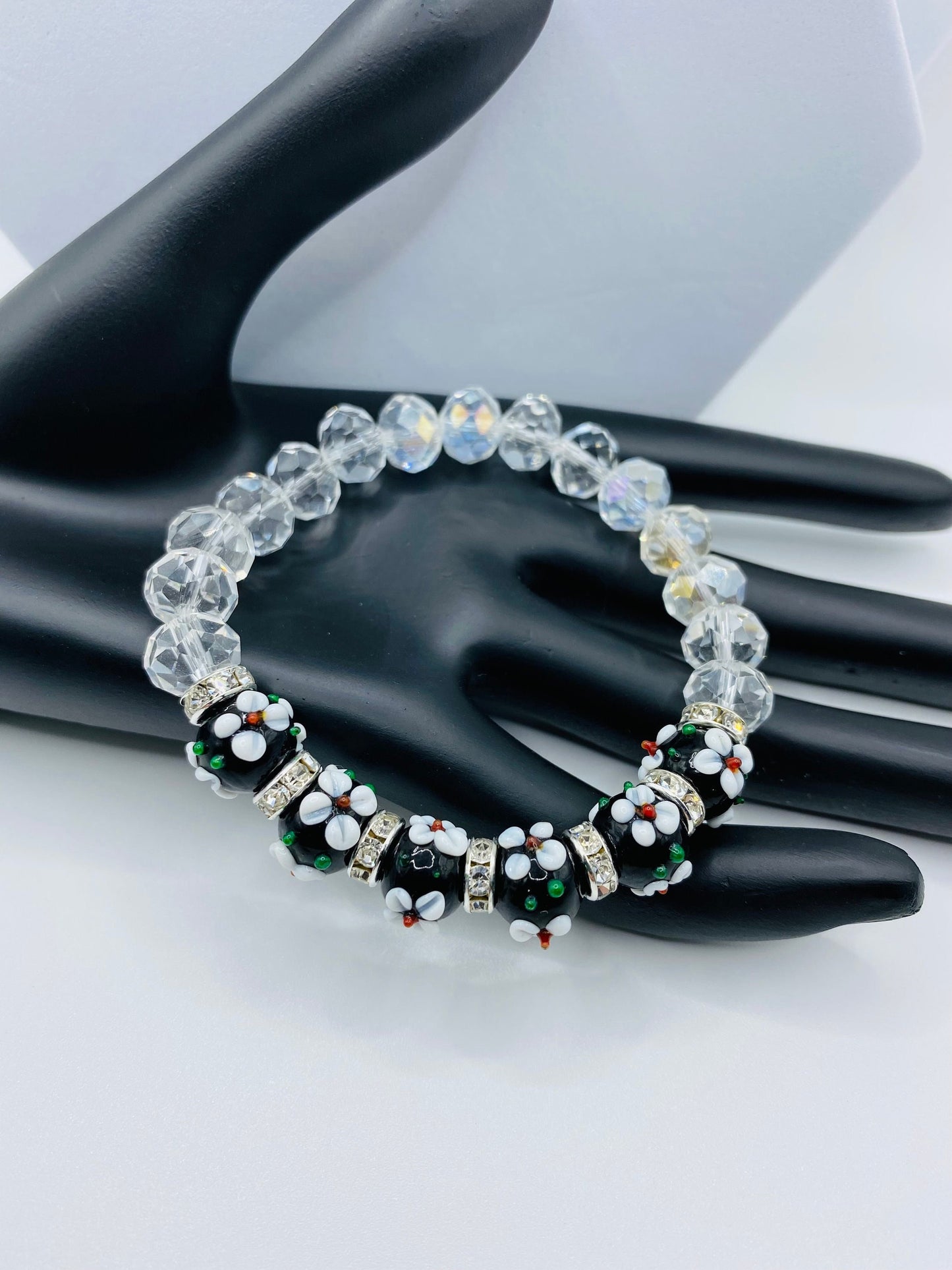 Lampwork Floral Glass Bead Bracelet: Rhinestone Crystal Flower Bracelet