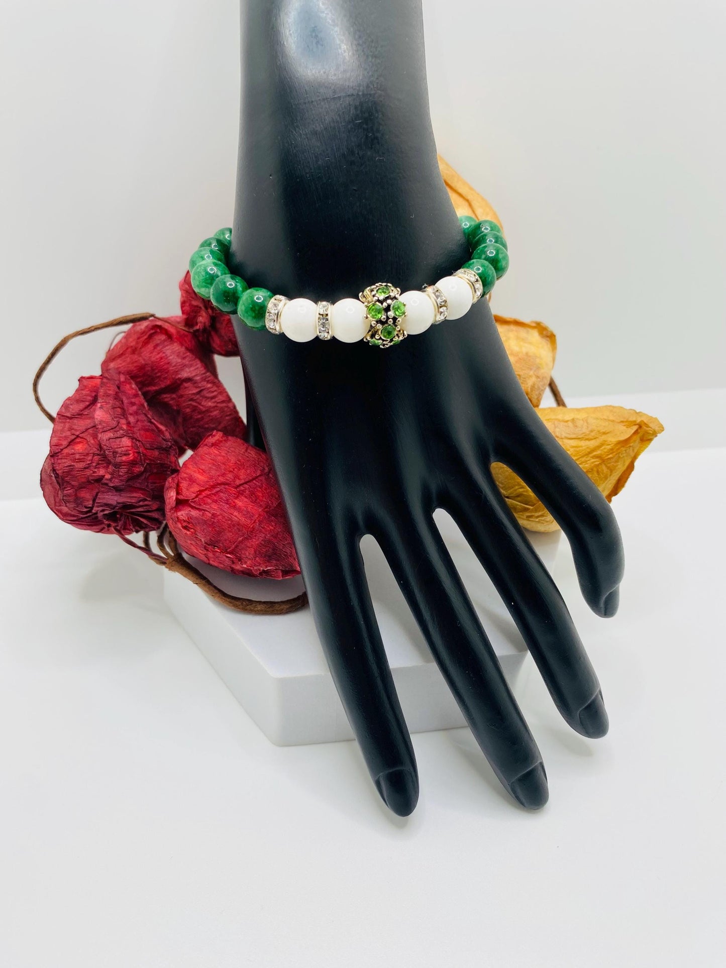 Jade Charm Bracelet: Agate Beads, Silver Rhinestone Charm