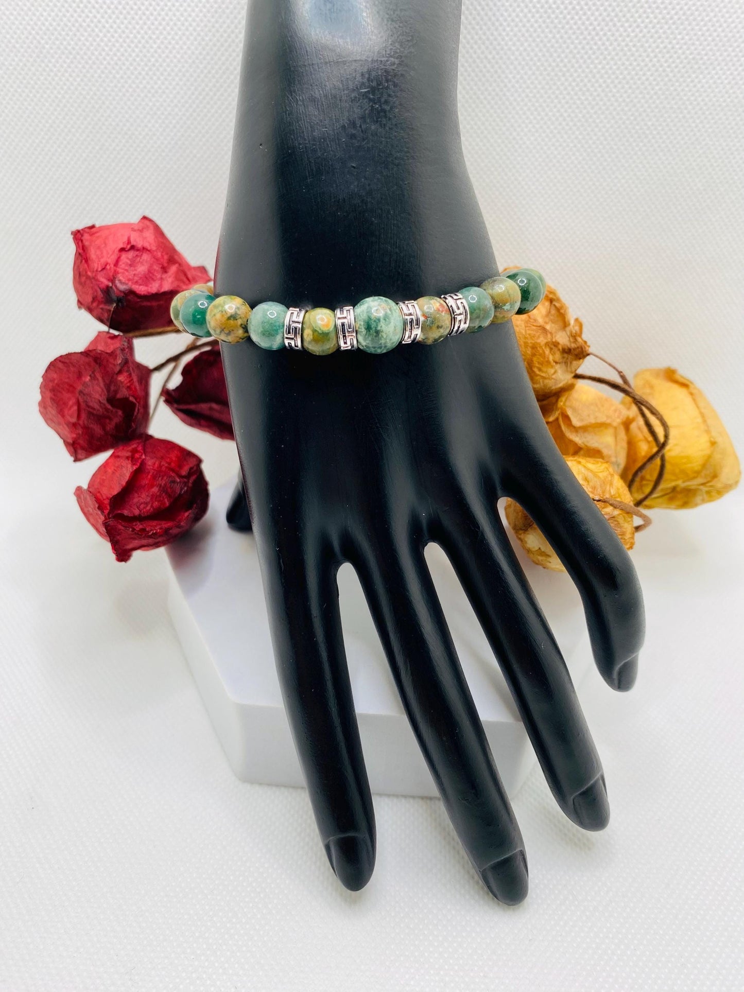 Handmade Indian Moss Agate Bracelet: Tibetan Silver Spacers