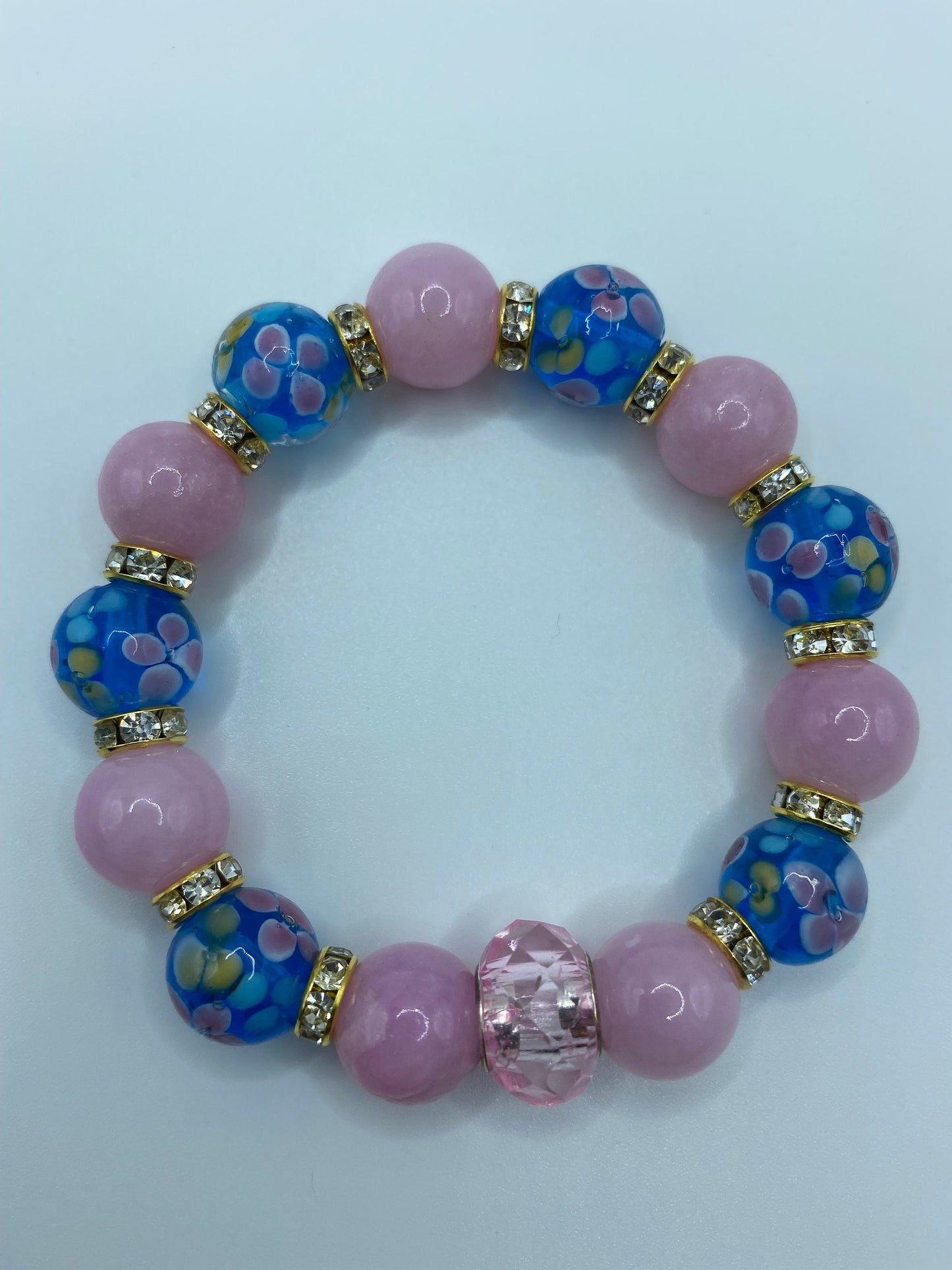 Lavender Jade Bracelet: Blue Floral Lampwork Glass & Crystal