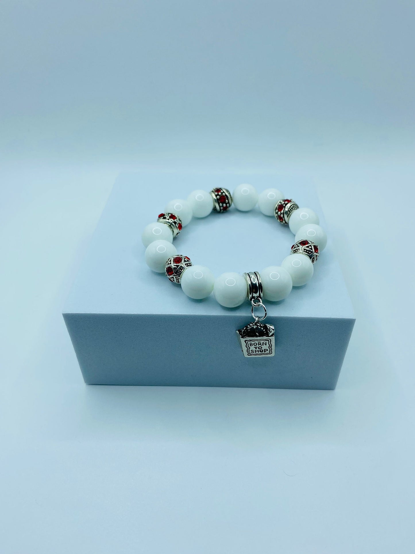 Porcelain Charm Bracelet: Red Rhinestone Handbag Pendant, Antique Silver