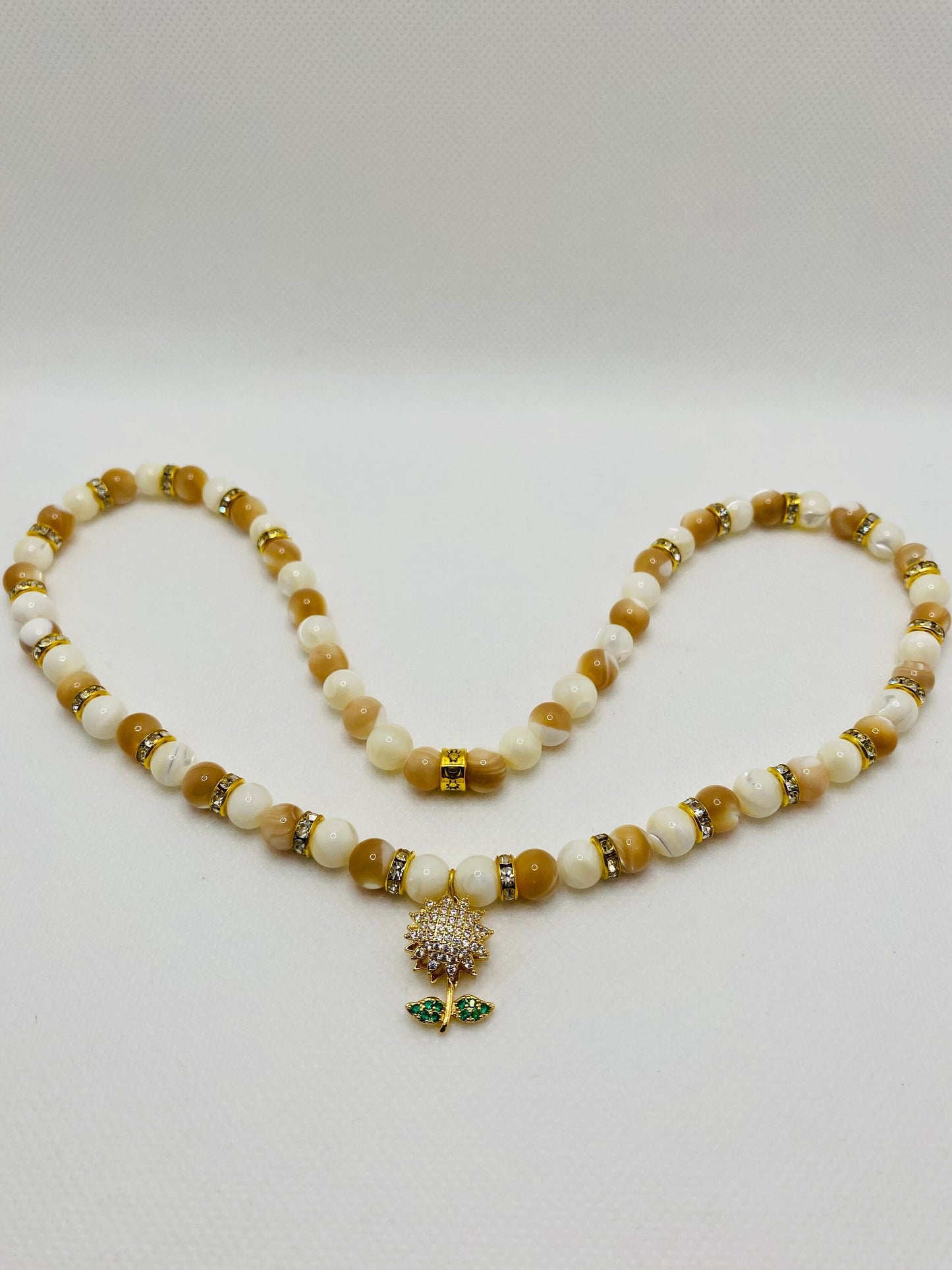 Handmade Mother of Pearl Necklace: CZ Sunflower Pendant