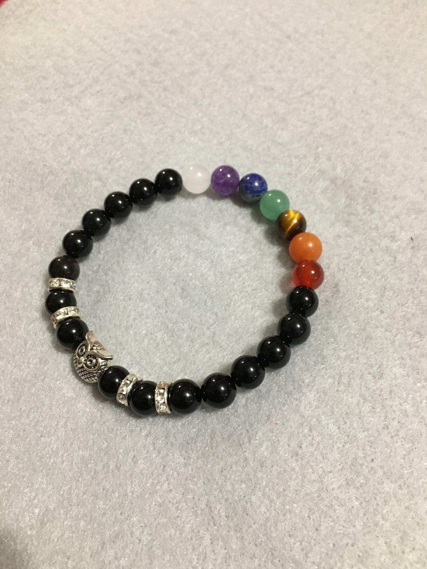 Chakra Stone Bracelet: Black Onyx Beads with Rhinestone Owl Charm