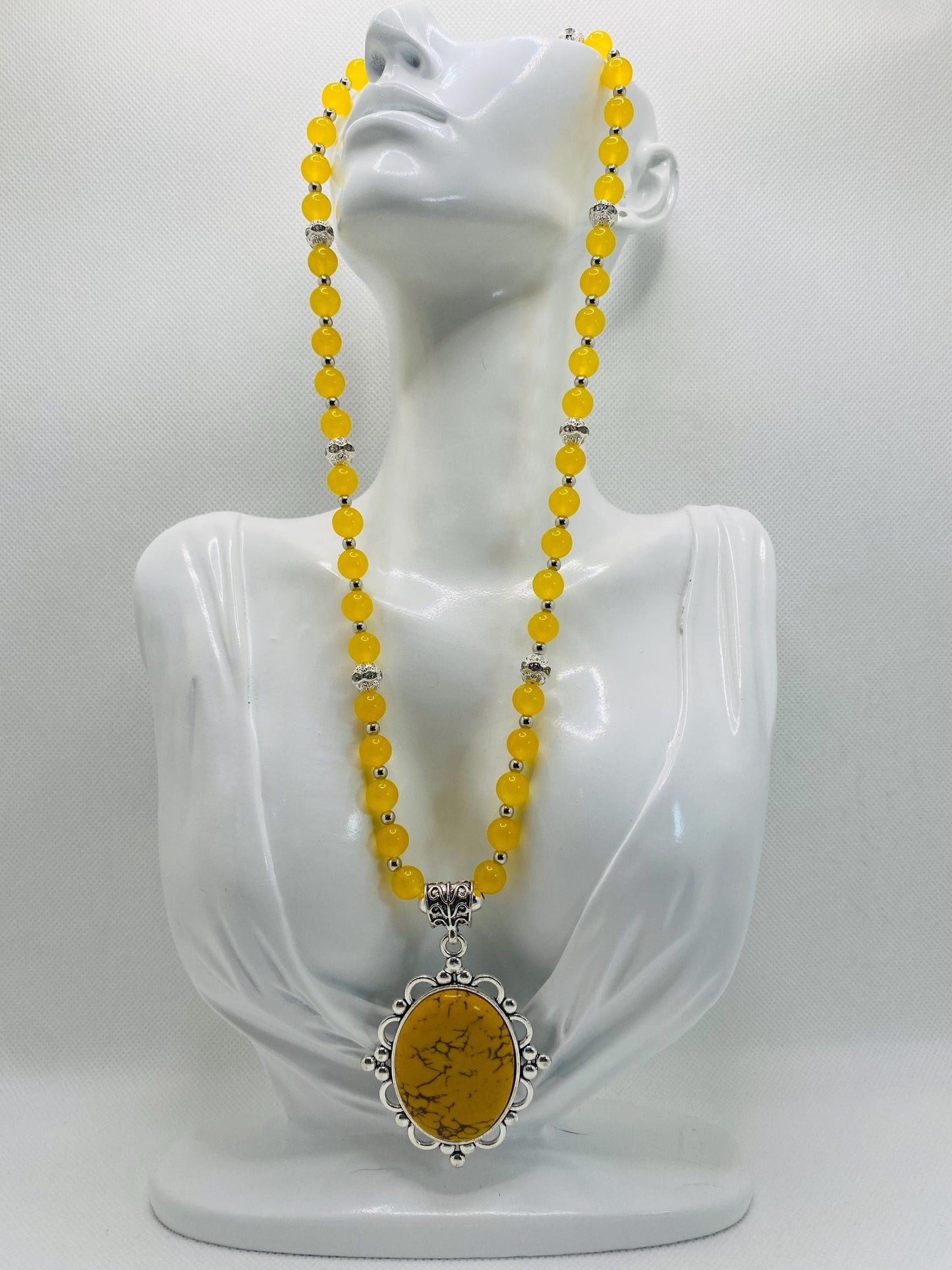 Jade Necklace for Women with Silver Hematite Gemstone Beads & Turquoise Pendant, Gifts for Her