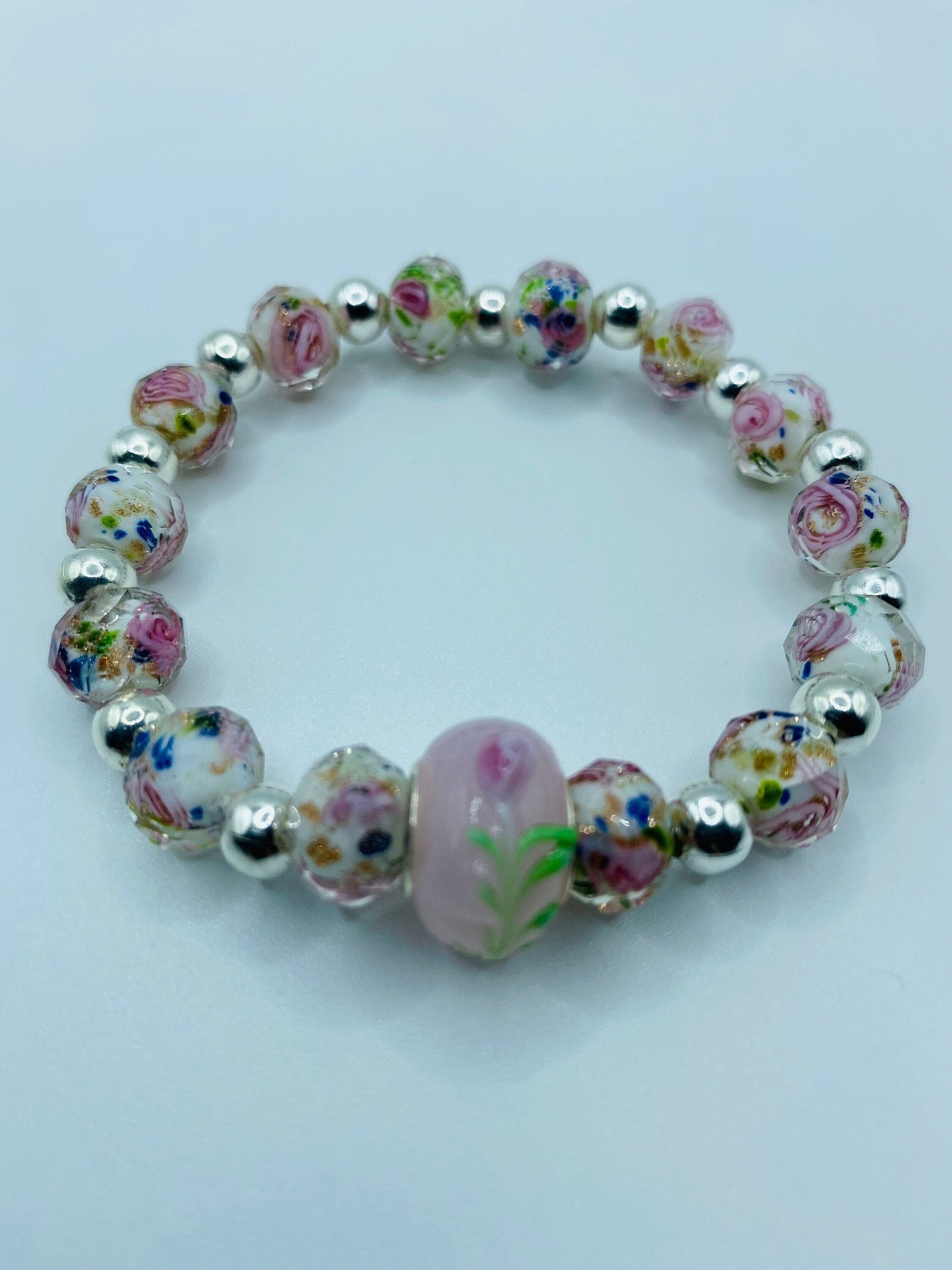Floral Lampwork Glass Bead Bracelet: Silver Hematite Gemstone Accent