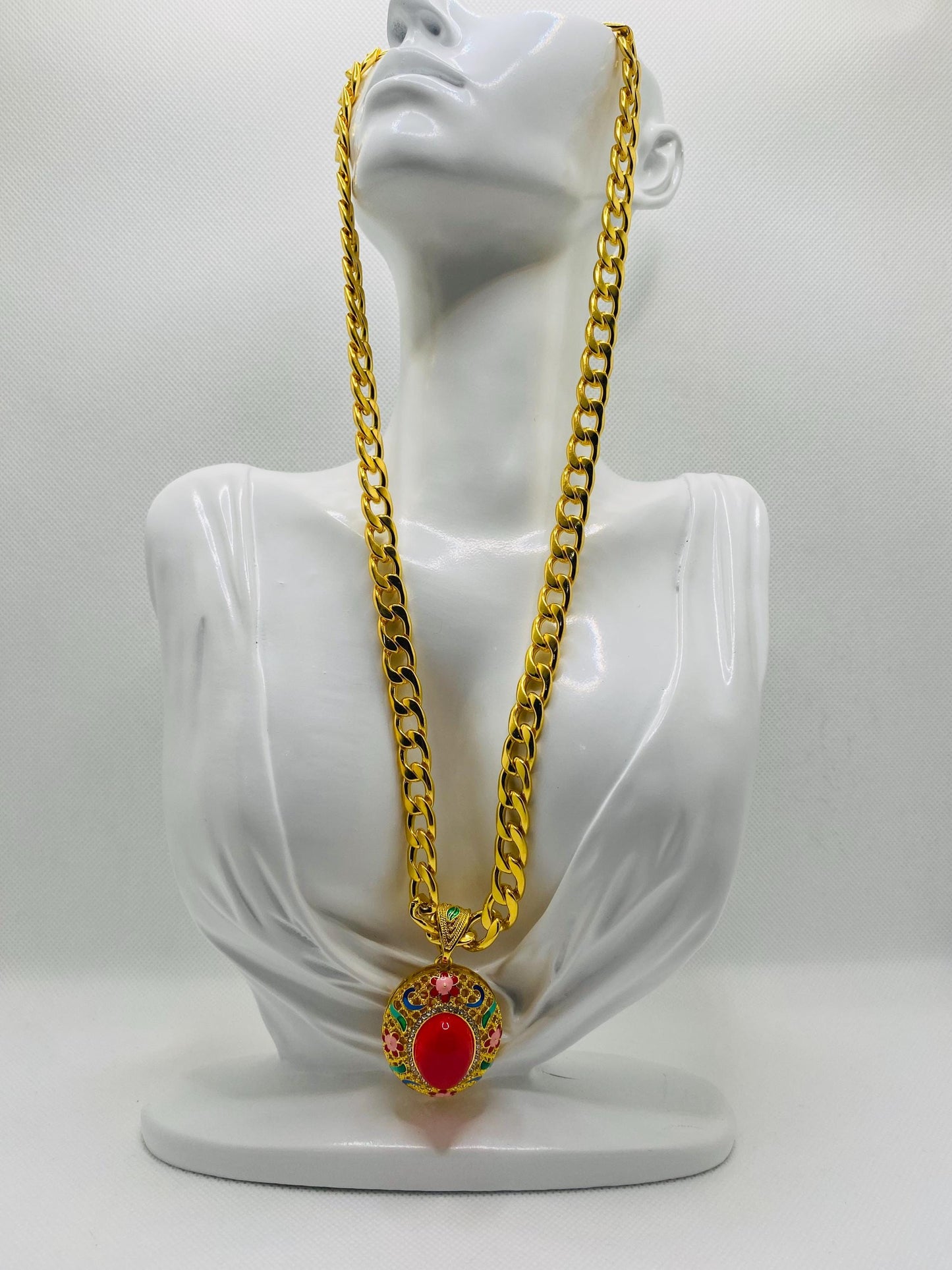 Red Agate Pendant Necklace: Gold Plated Cuban Link Chain Boho Jewelry