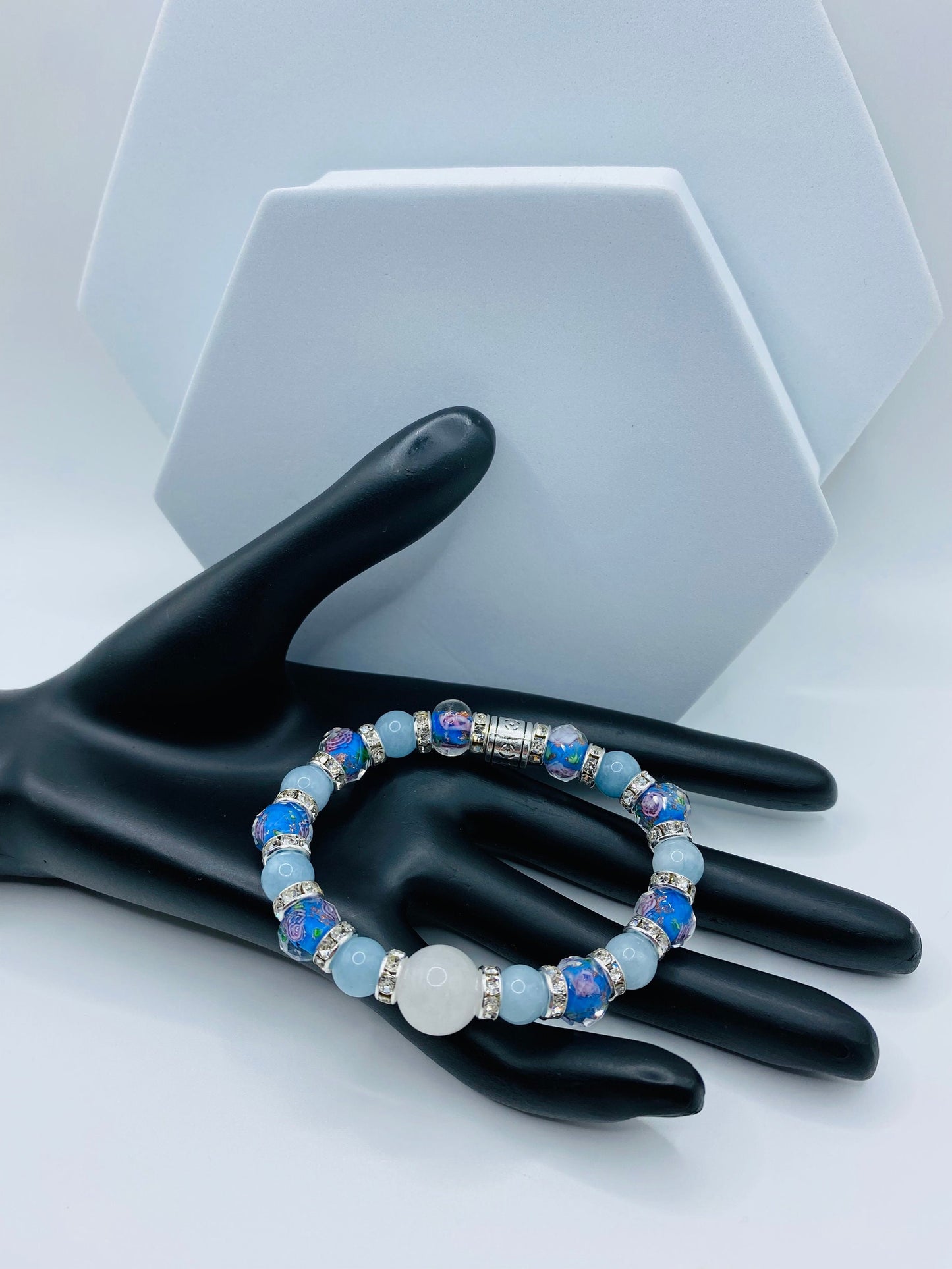 Aquamarine Bracelet: Lampwork Floral Glass Beads, Chalcedony Stone
