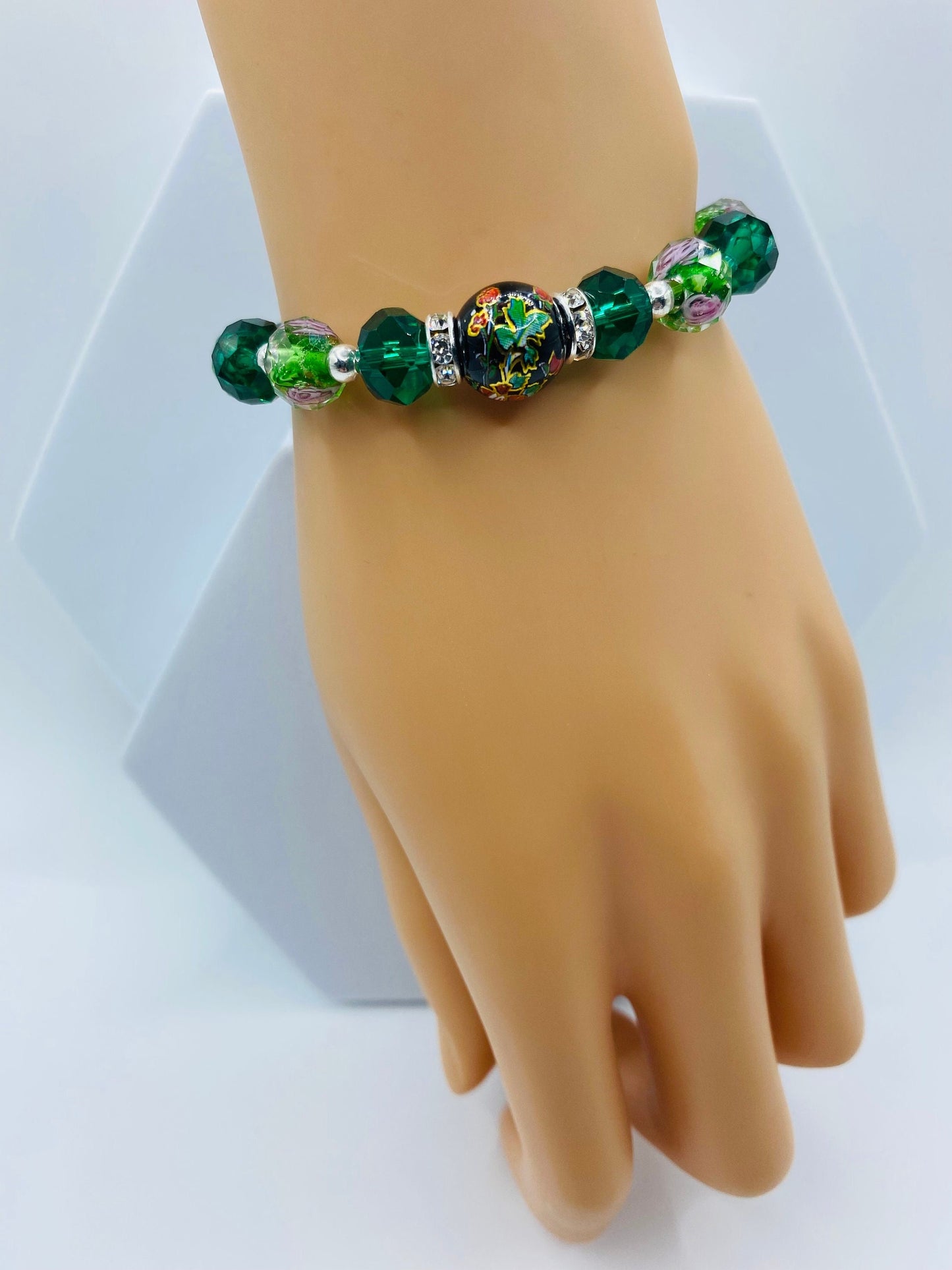 Jade Bracelet: Lampwork Floral Glass Beads & Hematite Gemstones