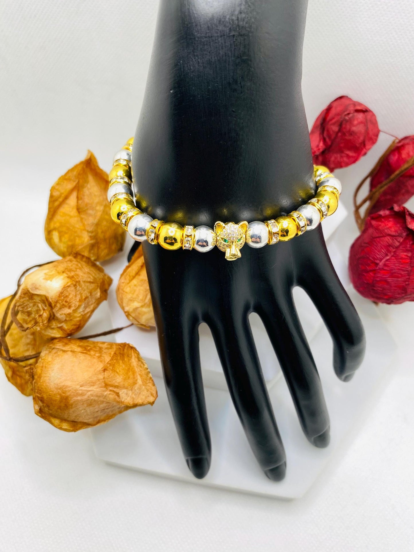 Tiger Charm Bracelet: Gold & Silver Hematite Beads, Cubic Zirconia
