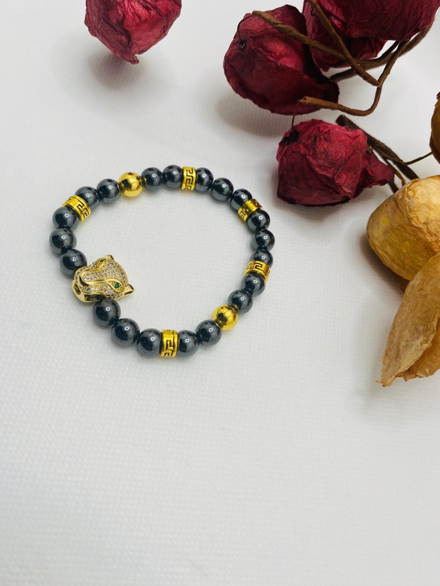 Black Hematite Bracelet: Gold Panther Bead Charm, Unisex Jewelry
