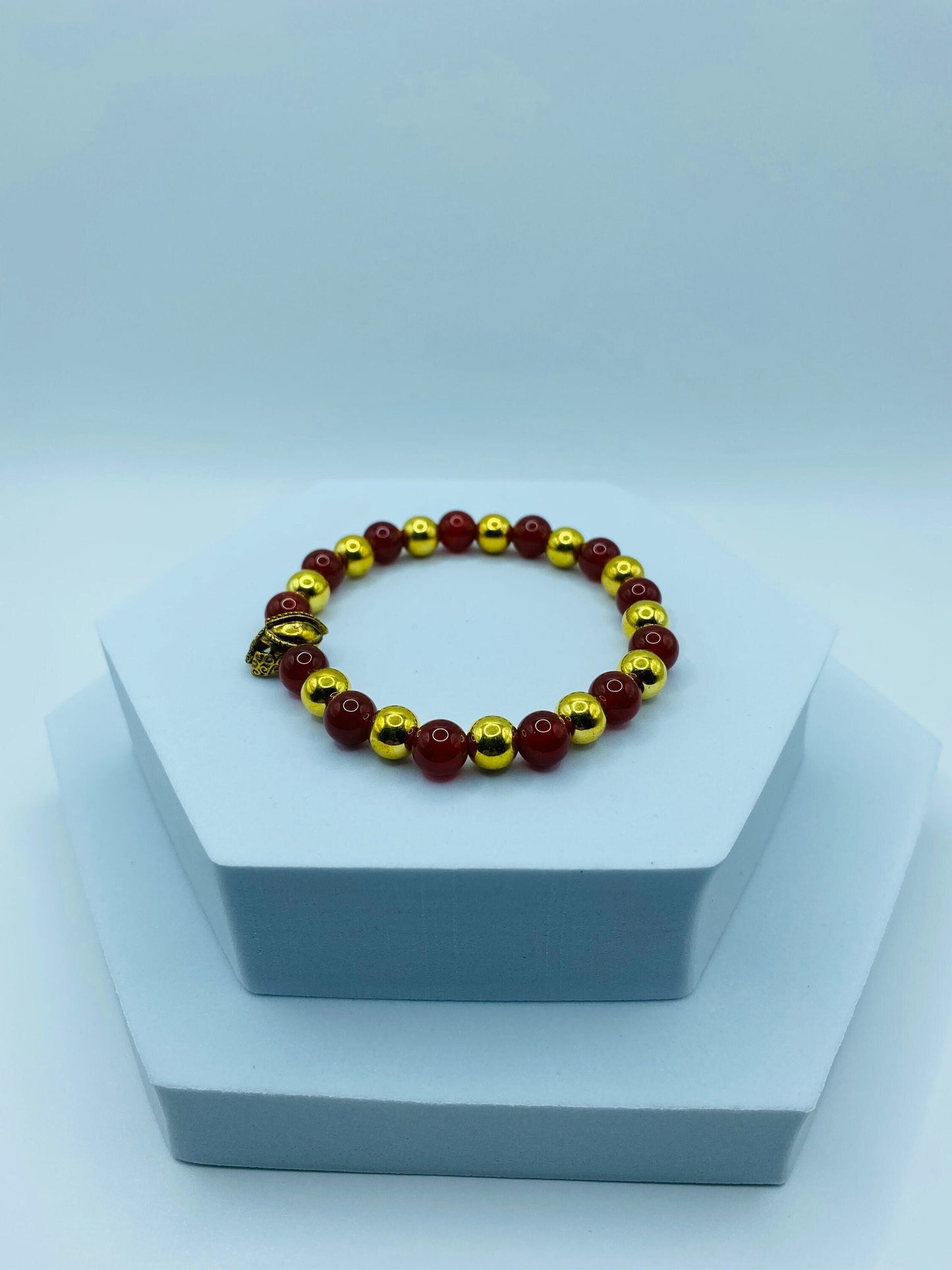 USC Trojans Bracelet: Red Carnelian & Gold Spartan Helmet Beaded Bracelet